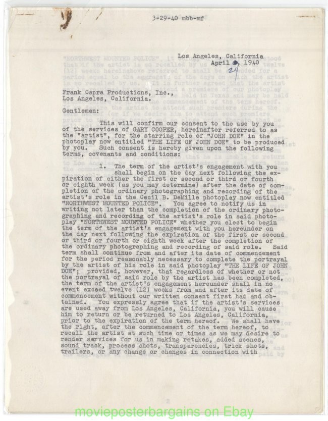 FRANK CAPRA 1940 AUTOGRAPH SIGNED CONTRACT MEET JOHN DOE GARY COOPER