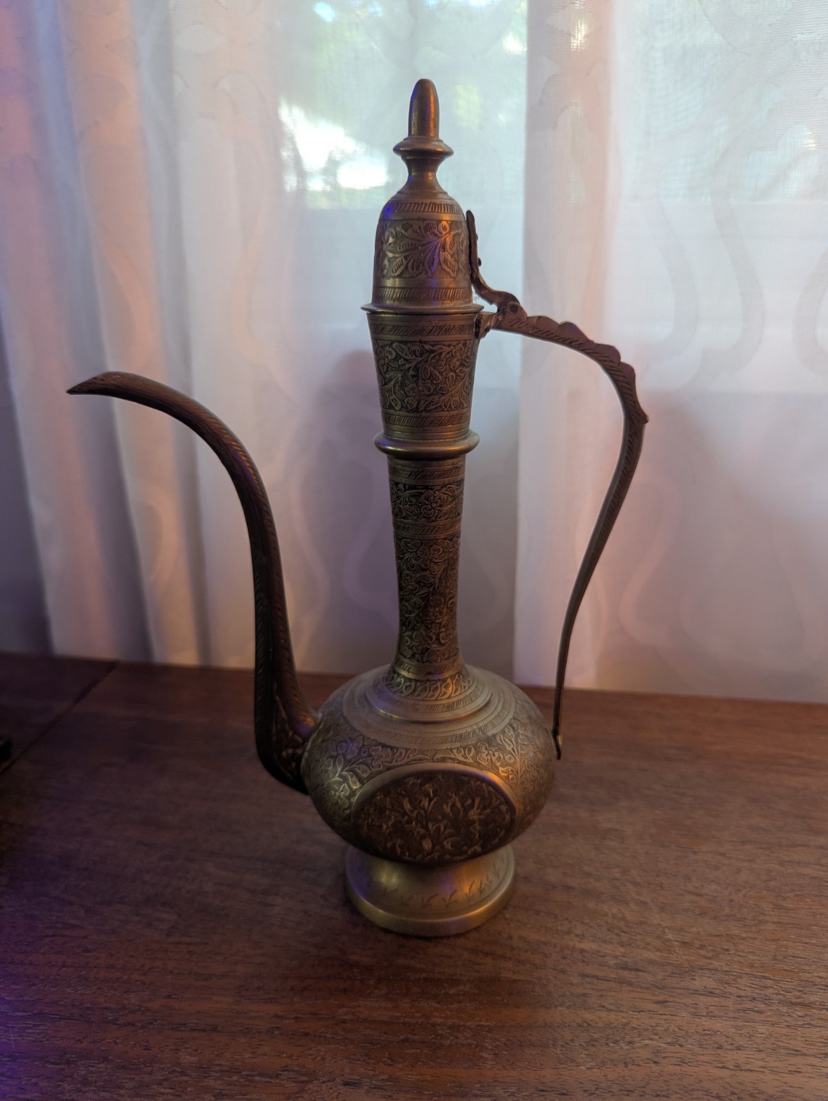 Vintage Etched Brass Indian Aftaba Ewer Pitcher