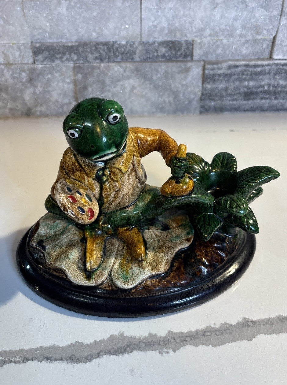 EUC Vintage Ceramic Painting Artist Frog Candleholder Majolica Styling EUC Vintage Ceramic Painting Artist Frog Candleholder Majolica Styling