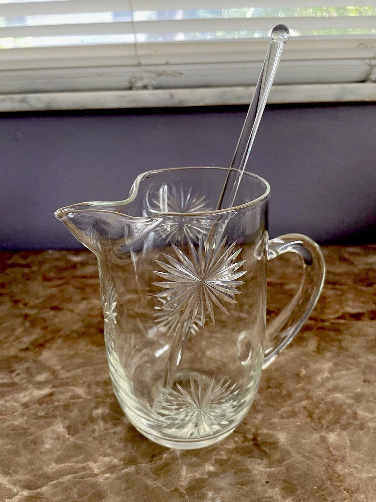 Vintage MCM Starburst Etched Glass Martini Pitcher & Stirrer 16oz