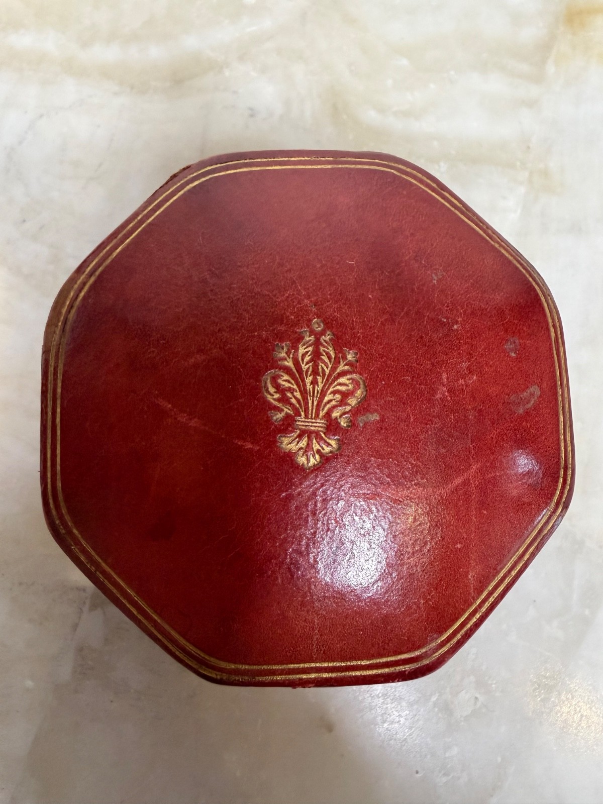 Vintage Italian Red Leather Trinket Box Gold Tooled Fleur De Lis Octagon Vanity