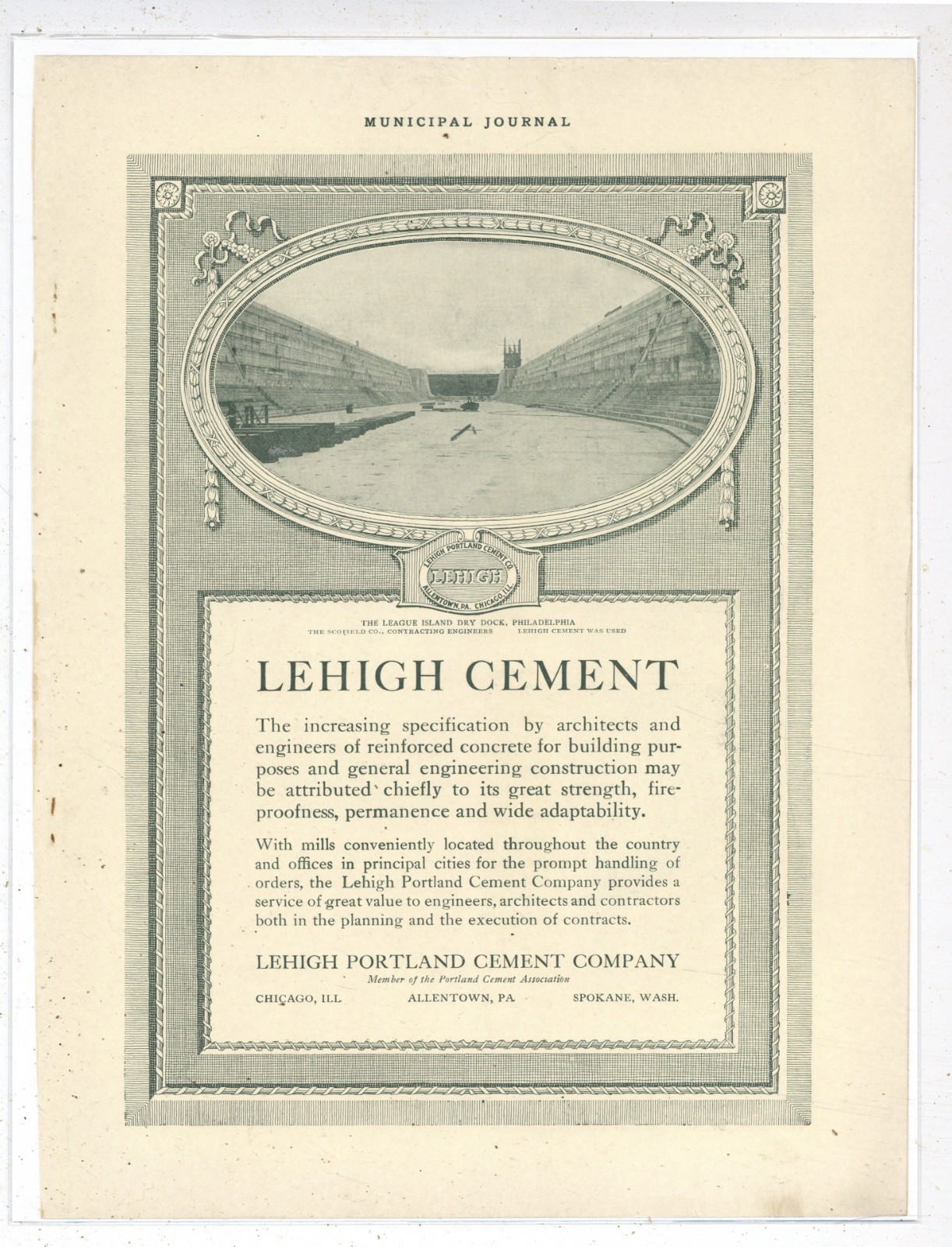 1917 Lehigh Portland Cement Ad: League Island Drydock - Philadelphia Pictured