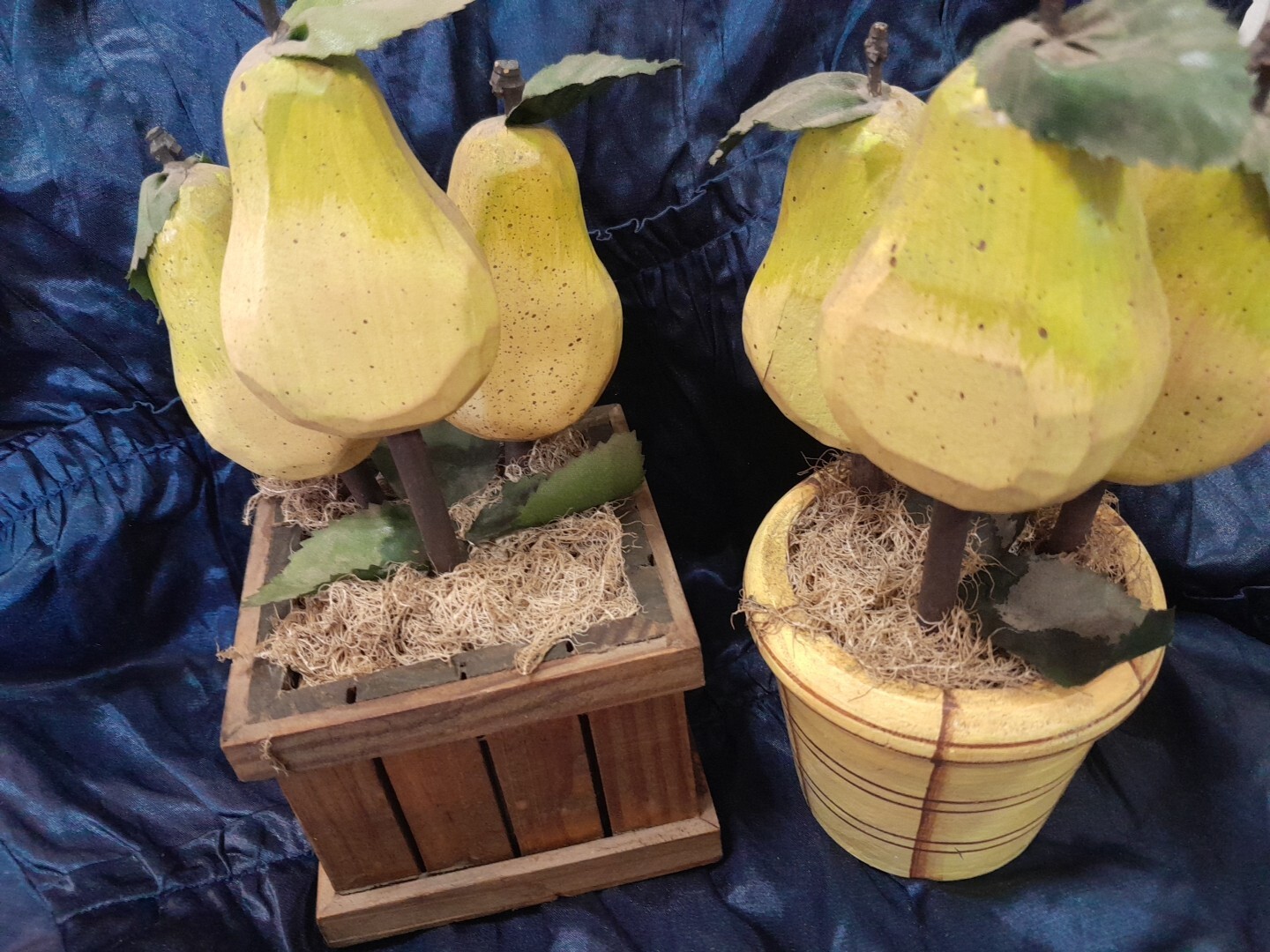 2 Pears Wooden Sculptured In Wooden Planters Hand Carved Decorative Cottage Core