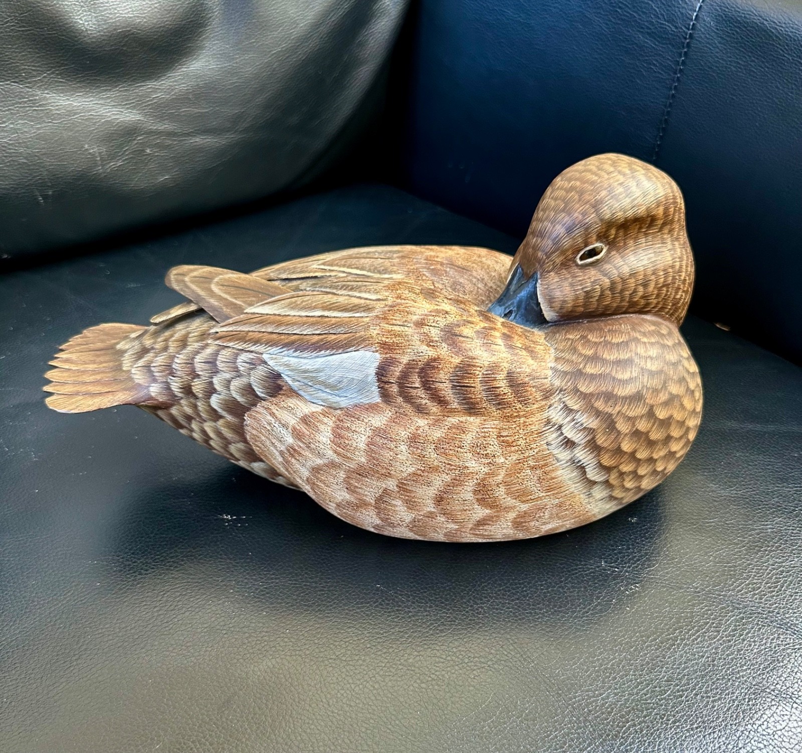 Mike Wood Signed, Hand Carved Mallard Hen Wooden Decoy Duck Beak under Wing Rare