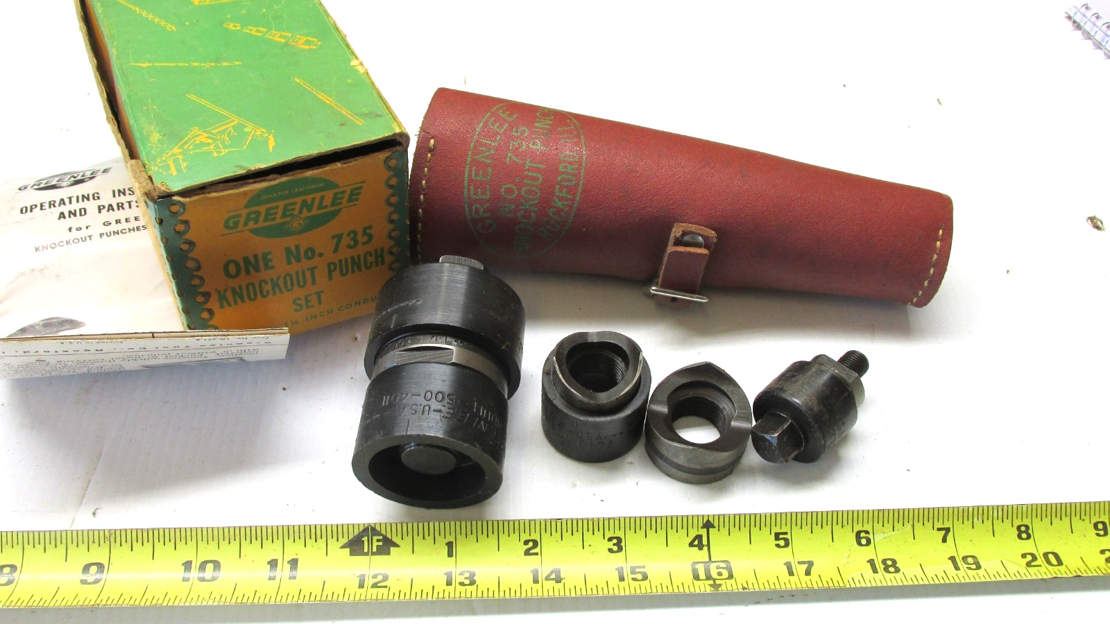 Vintage Greenlee 735 Conduit Knockout Punch Set w/Leather Case & Original Box