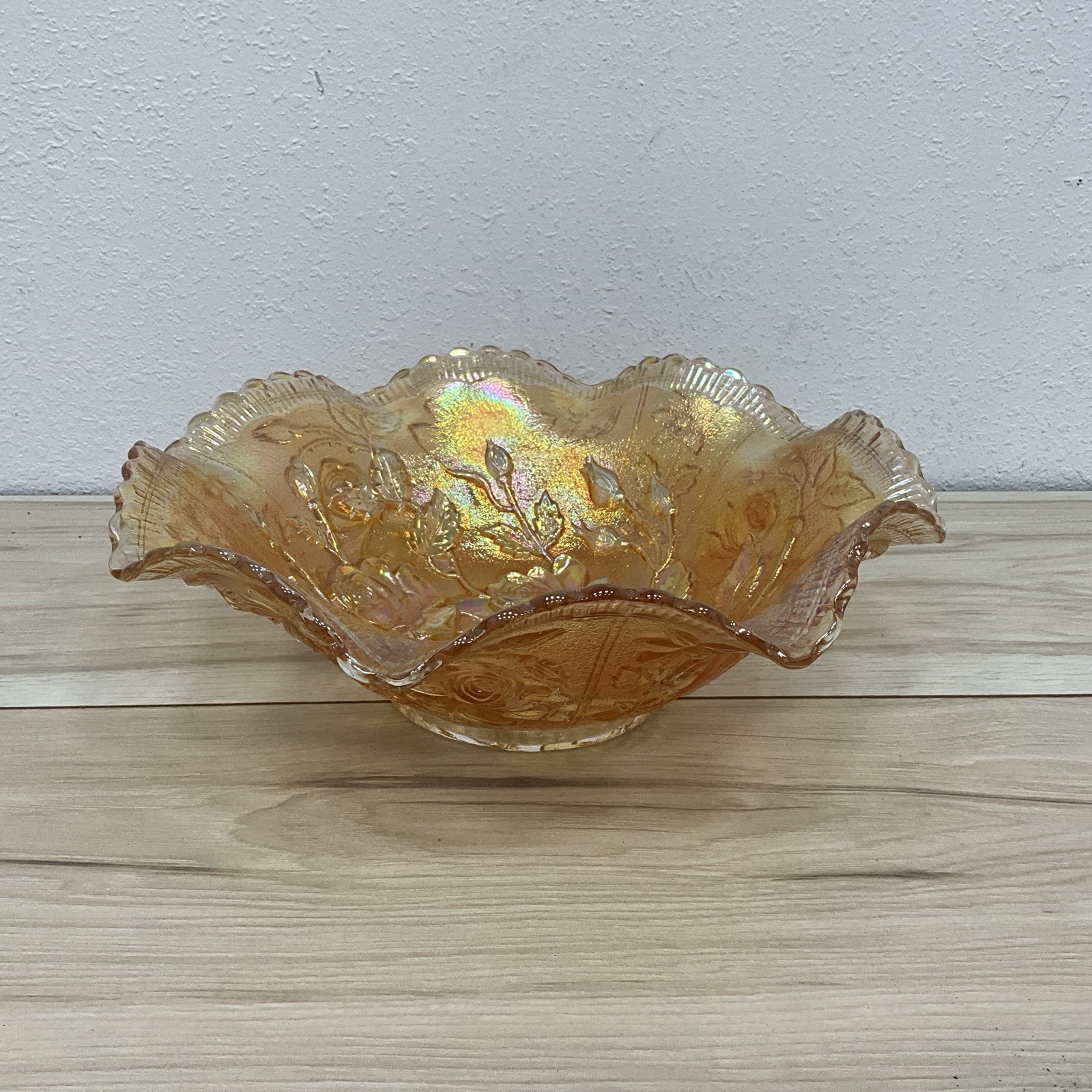VTG Imperial Iridescent Carnival Glass Gold Open Rose Fruit Bowl 10 3/4\