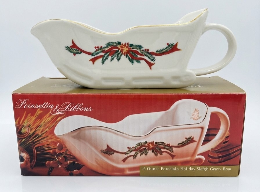 CHRISTMAS Fine China Gravy Boat 16 OZ Poinsettia &Ribbons  Gold Trim EUC W/ BOX