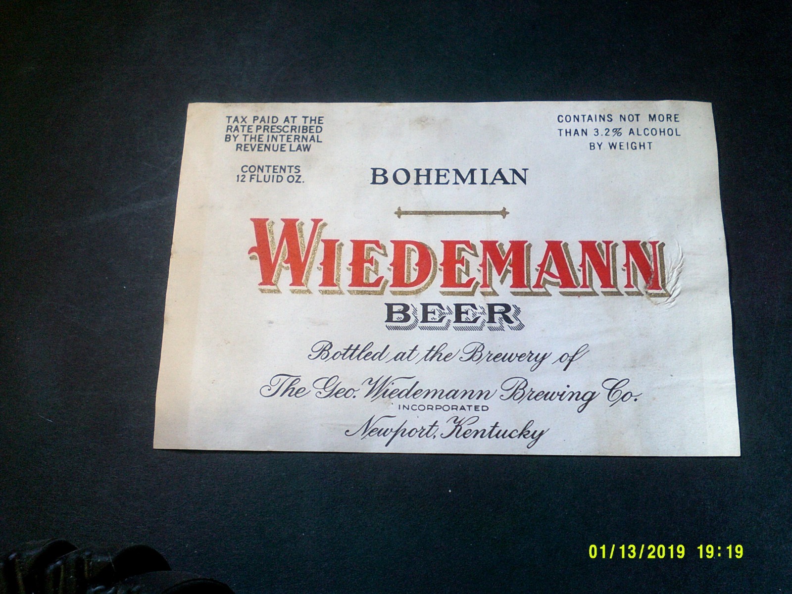 VINTAGE IRTP WIEDEMANN BEER BOTTLE LABEL NEWPORT KY VINTAGE IRTP WIEDEMANN BEER BOTTLE LABEL NEWPORT KY