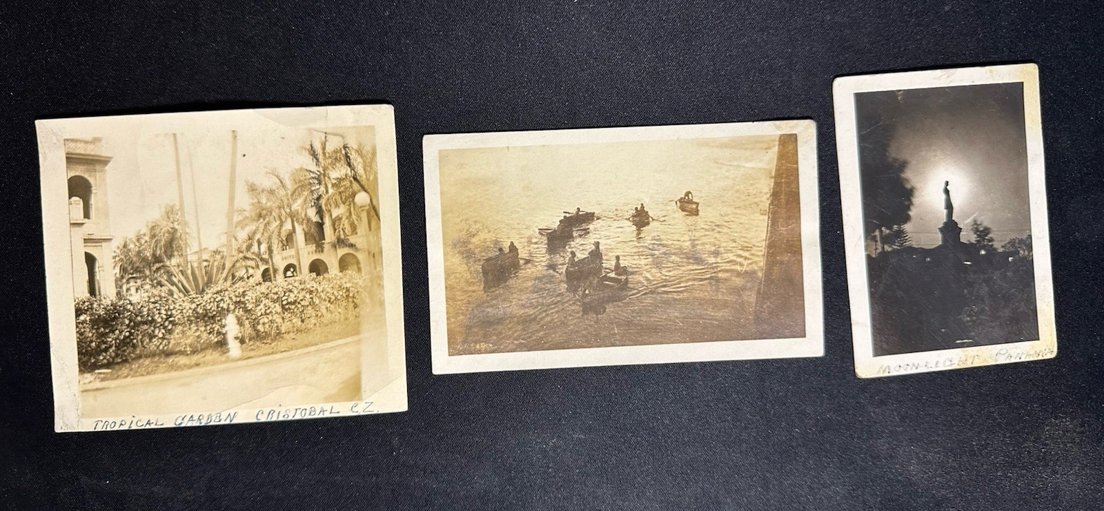 3x Vtg Panama Canal Zone Photos Moonlight Silhouette Cristobal Bumboats c1920