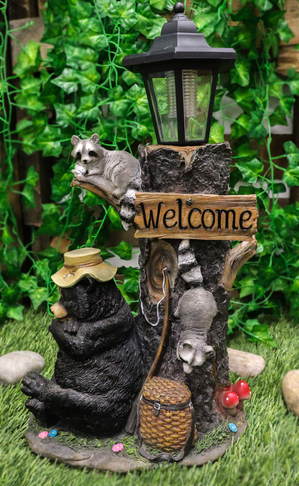 Lazy Days of Summer Black Bear and Friends LED Solar Lantern Welcome Sign