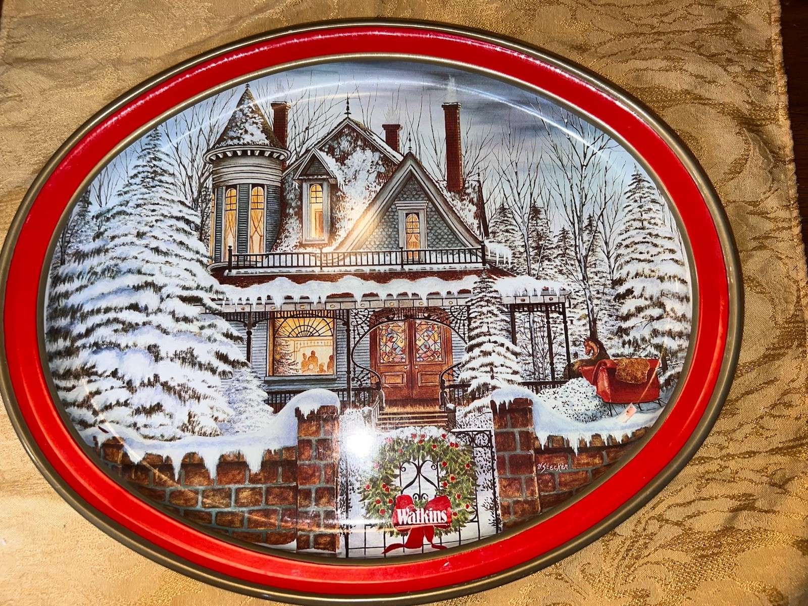 Vtg 1970s Watkins Metal Tin Tray The Watkins Story Victorian House Christmas