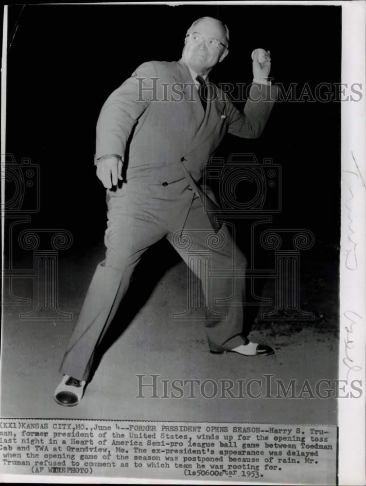 1953 Press Photo Harry S. Truman throws opening ball in Kansas City, Missouri
