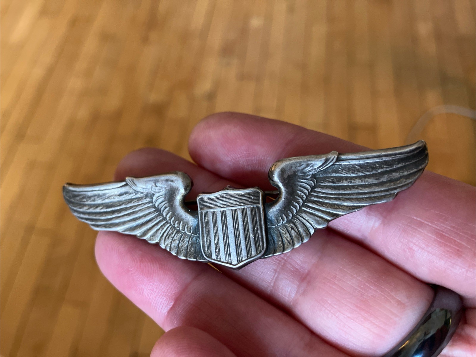 WWII Sterling Silver USAAF Army Air Force Aviator Wings Pinback A.E. Co Utica NY
