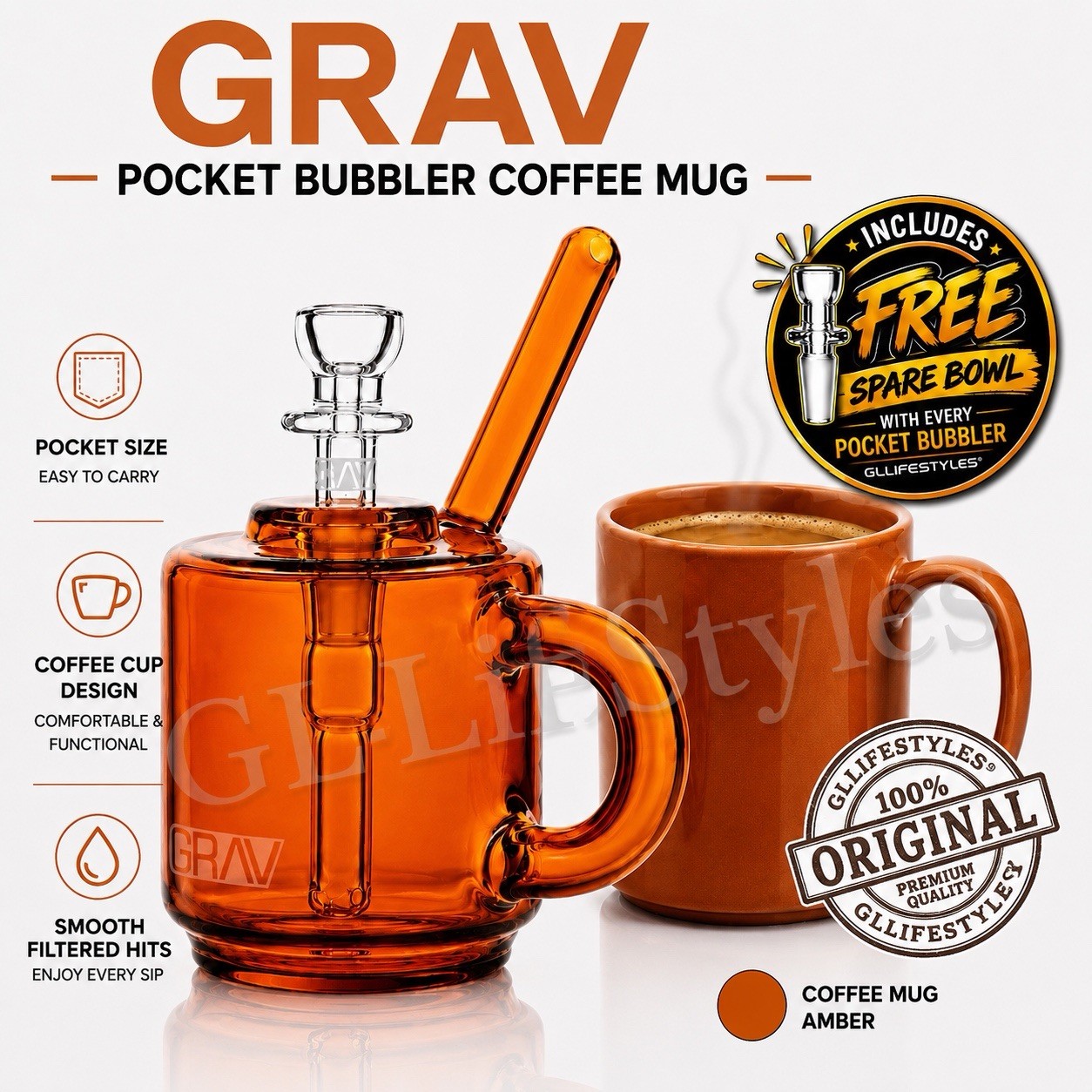 GRAV® COFFEE MUG POCKET BUBBLER, MINI WATER PIPE, BONG, GORGEOUS AMBER COLOR