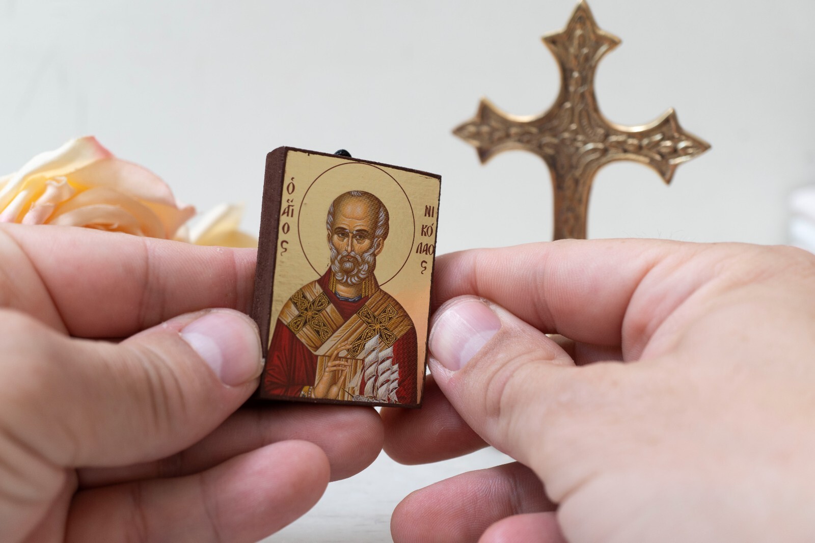 Miniature Wooden Orthodox Icon With Saint Nicolaos , Nikolaos.
