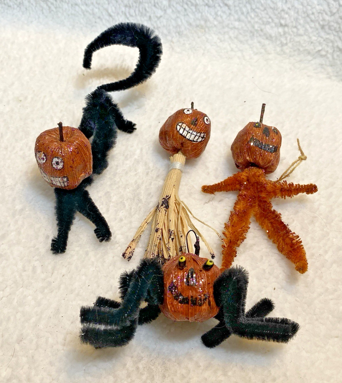 4 Vtg Halloween Chenille Pumpkin JOL Head Cat Man Spider Hanging Ornaments Prim