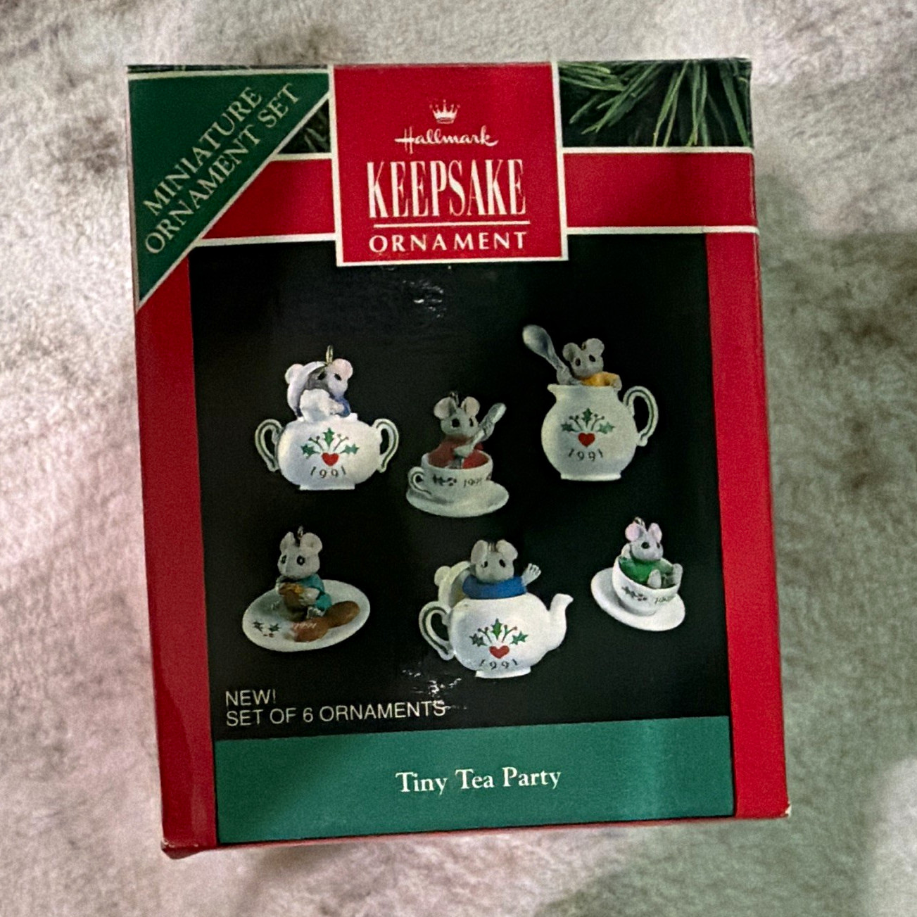 ✨1991 Hallmark Tiny Tea Party Miniature Ornaments Set 6 Fine Porcelain Mint NIB