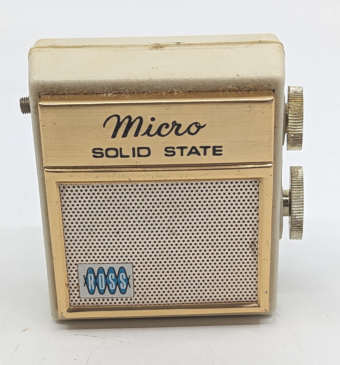 Working 1962 Ross Micro Solid State AM Radio 2.5 inch - Ivory w/Gold Lettering
