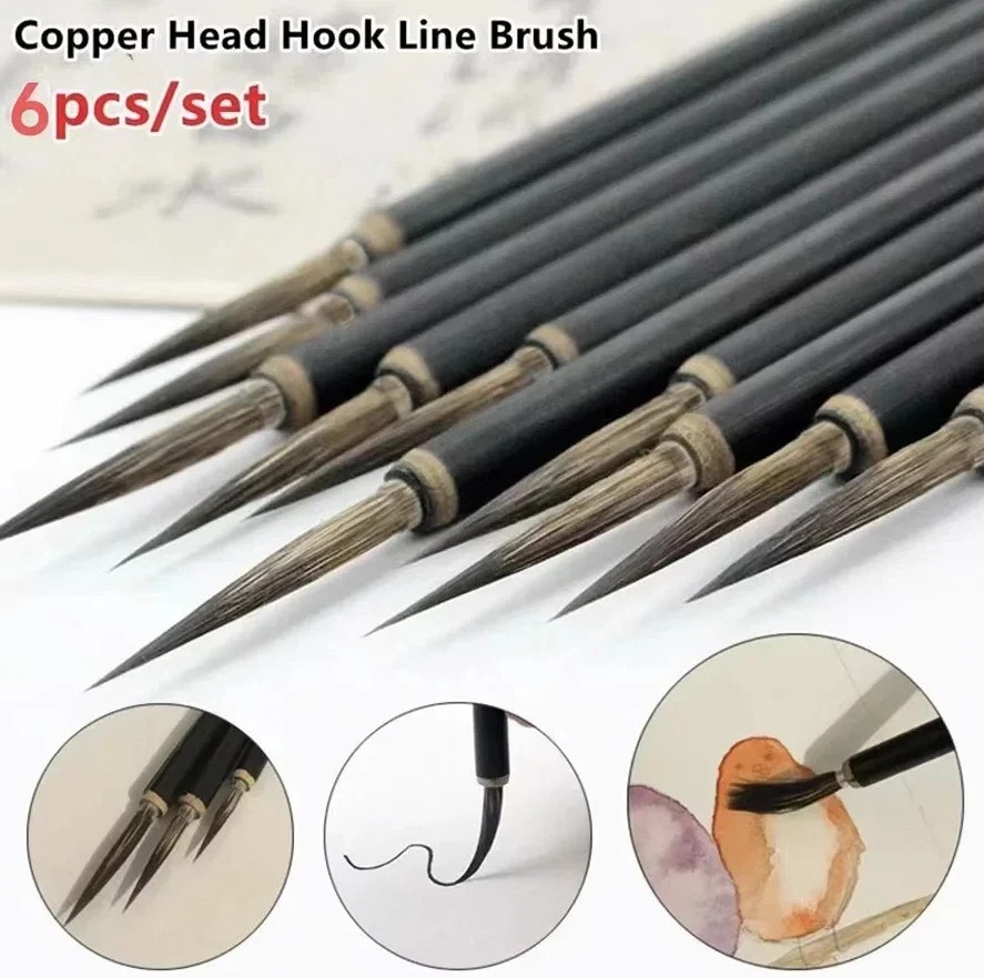6pcs Chinese Calligraphy Brush Set Bamboo Handle Fine Hair Pens