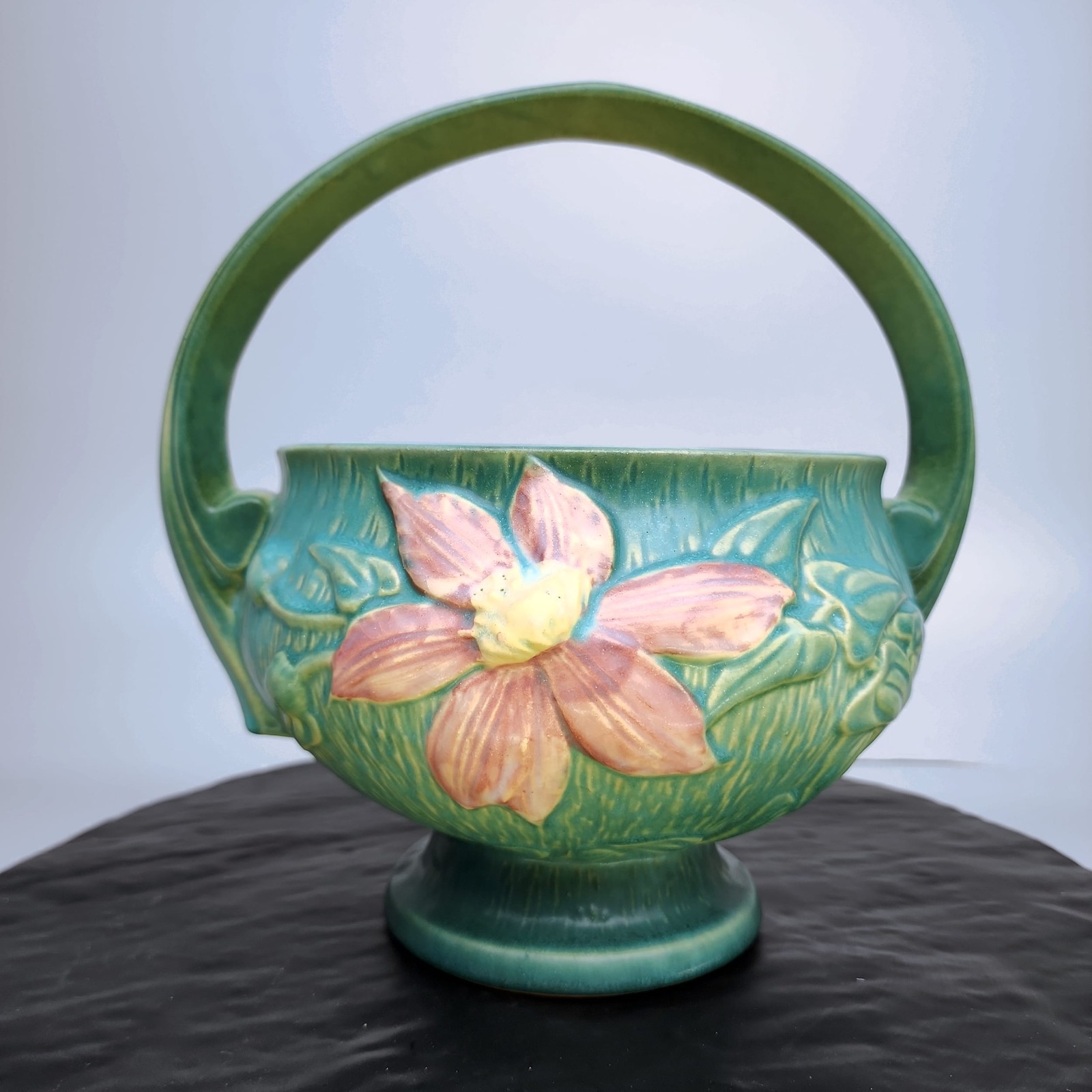 Roseville Pottery Clematis 389-10 Handled Basket Vintage Green Pink Floral 🌸