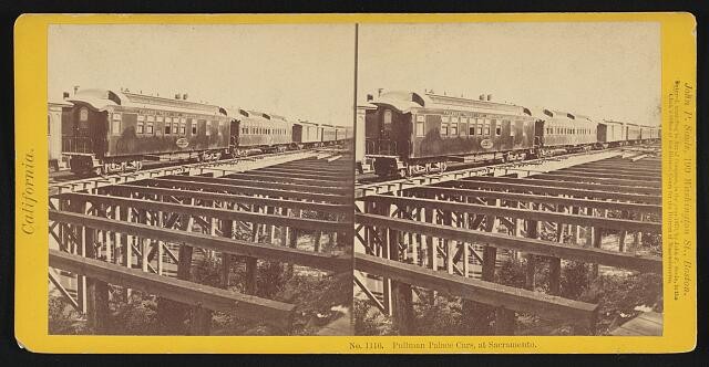 Photo:Sacramento California 1880s Pullman Palace Cars Railroad Stereoview