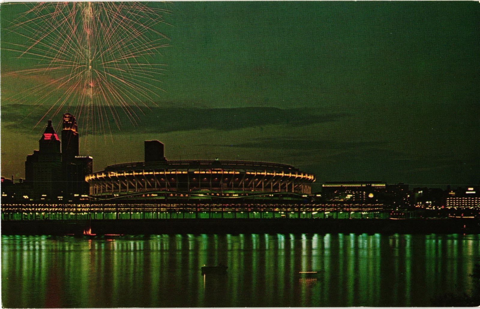 Cincinnati Ohio Riverfront Stadium Fireworks Night View Chrome Postcard Unused