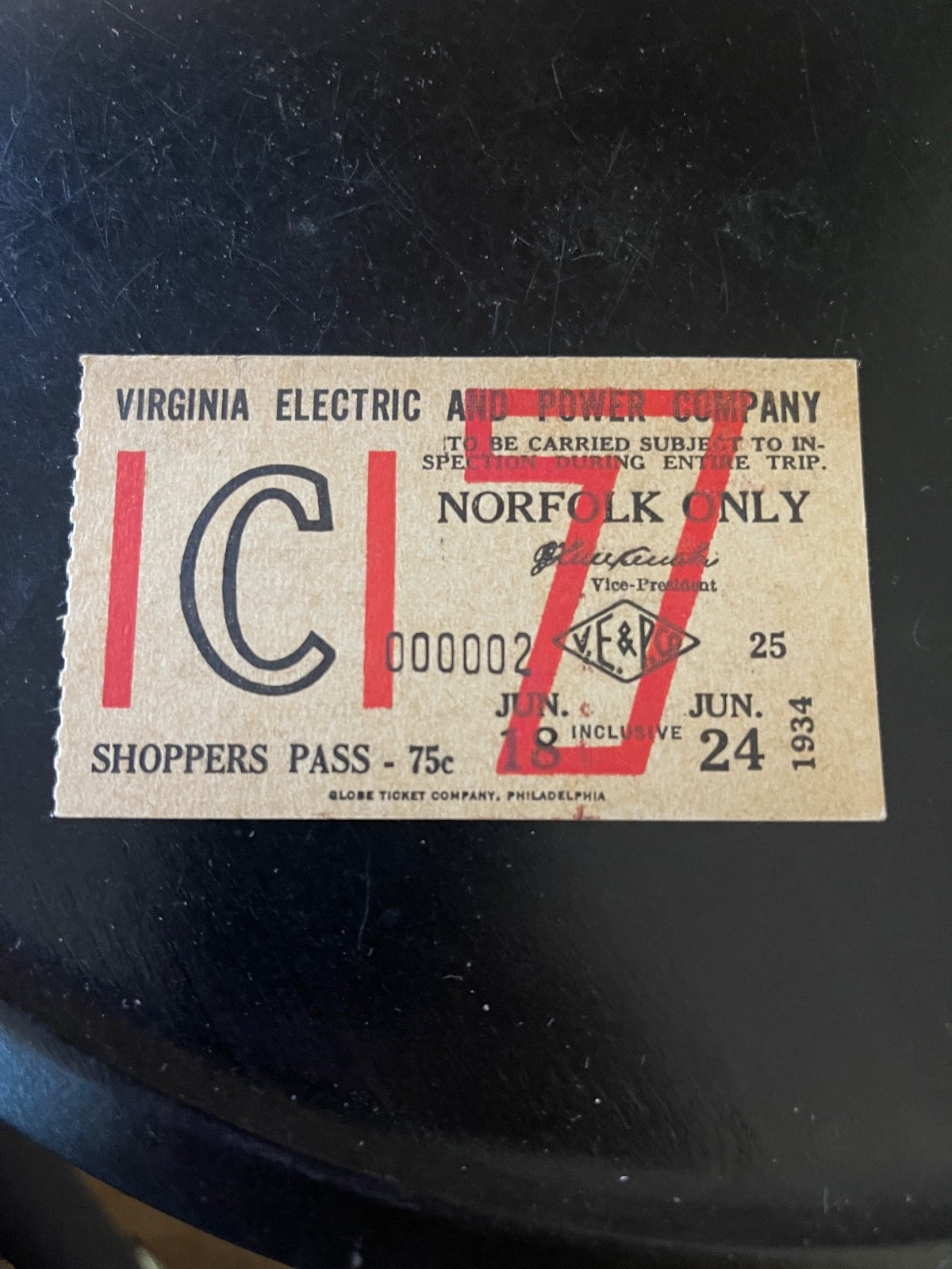 trolley traction street car ticket pass Virginia electric power 1934 Norfolk