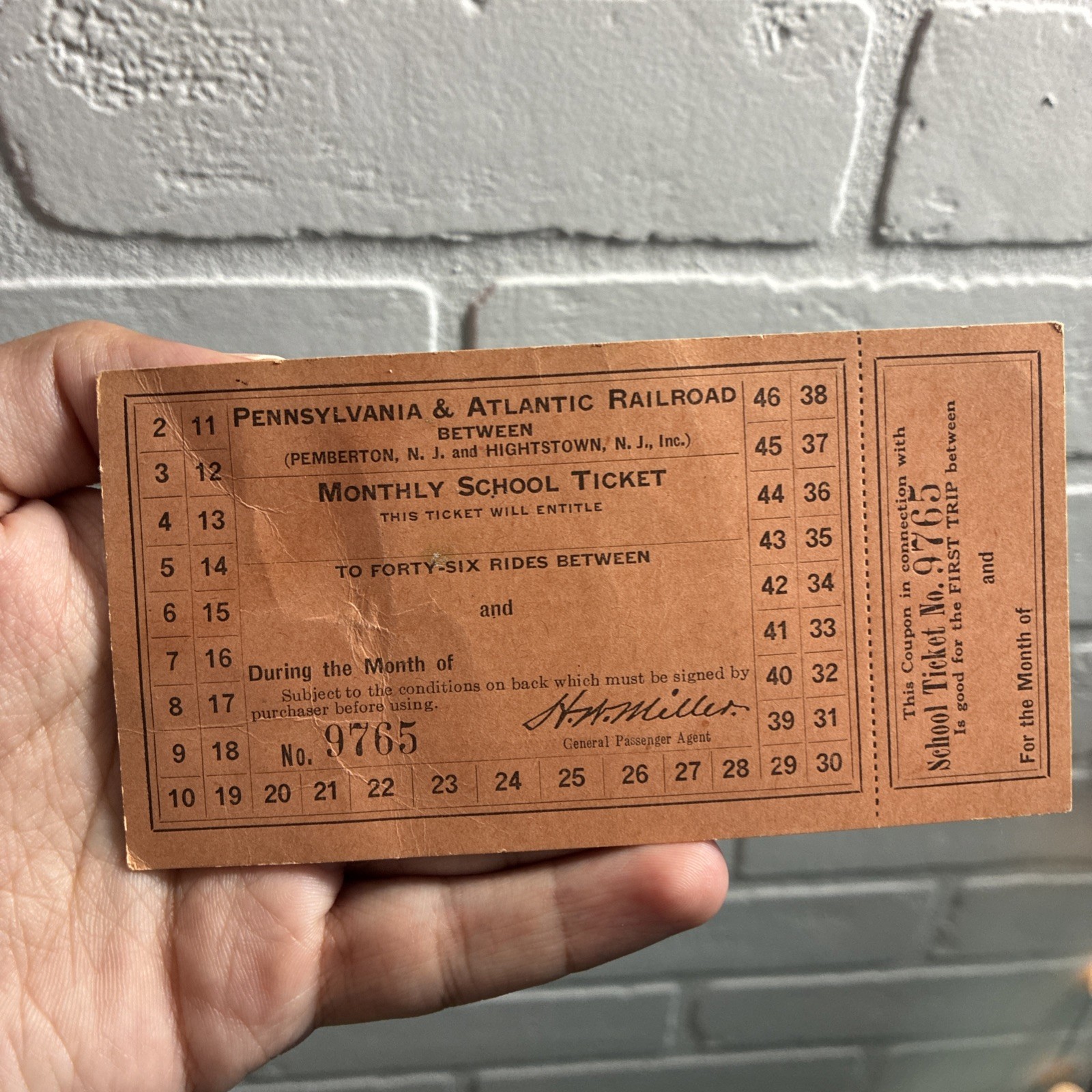 Pennslyvania & Atlantic Railroad Train Co. RR Ticket Monthly School Pass