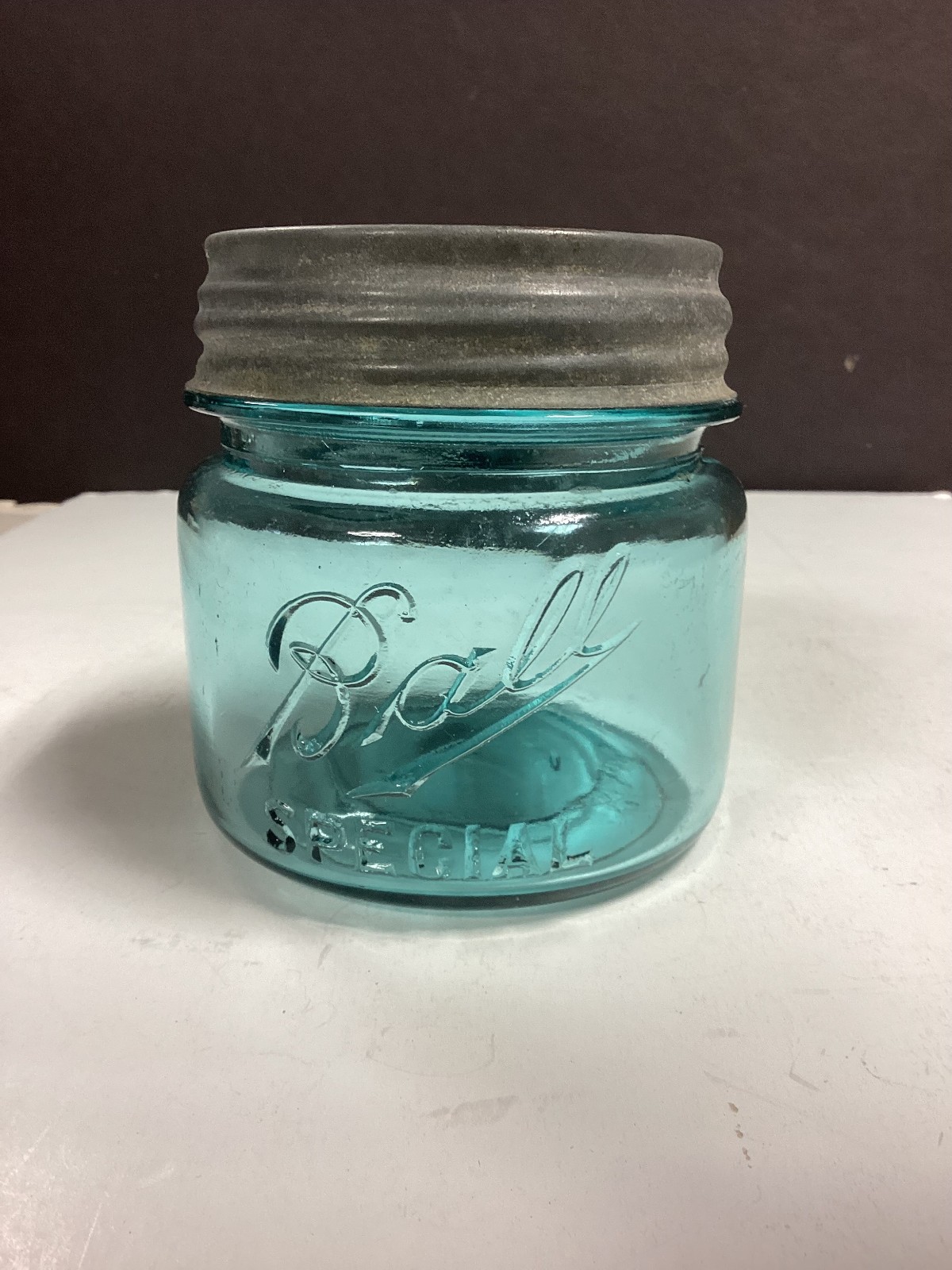 Vintage 1910s ~ Blue/Green Wide Mouth, Zinc Lid,  Ball Special ~Fruit Jar