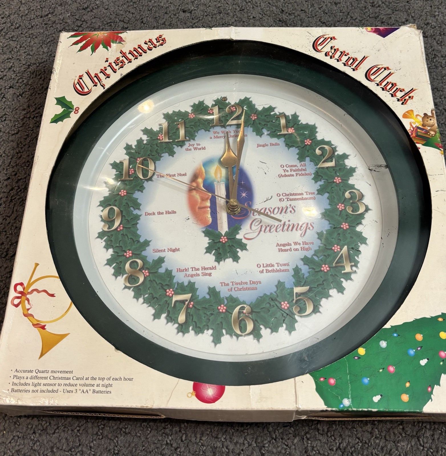 Vintage 13” Christmas Carol Wall Clock Hourly Musical Candle Wreath Works