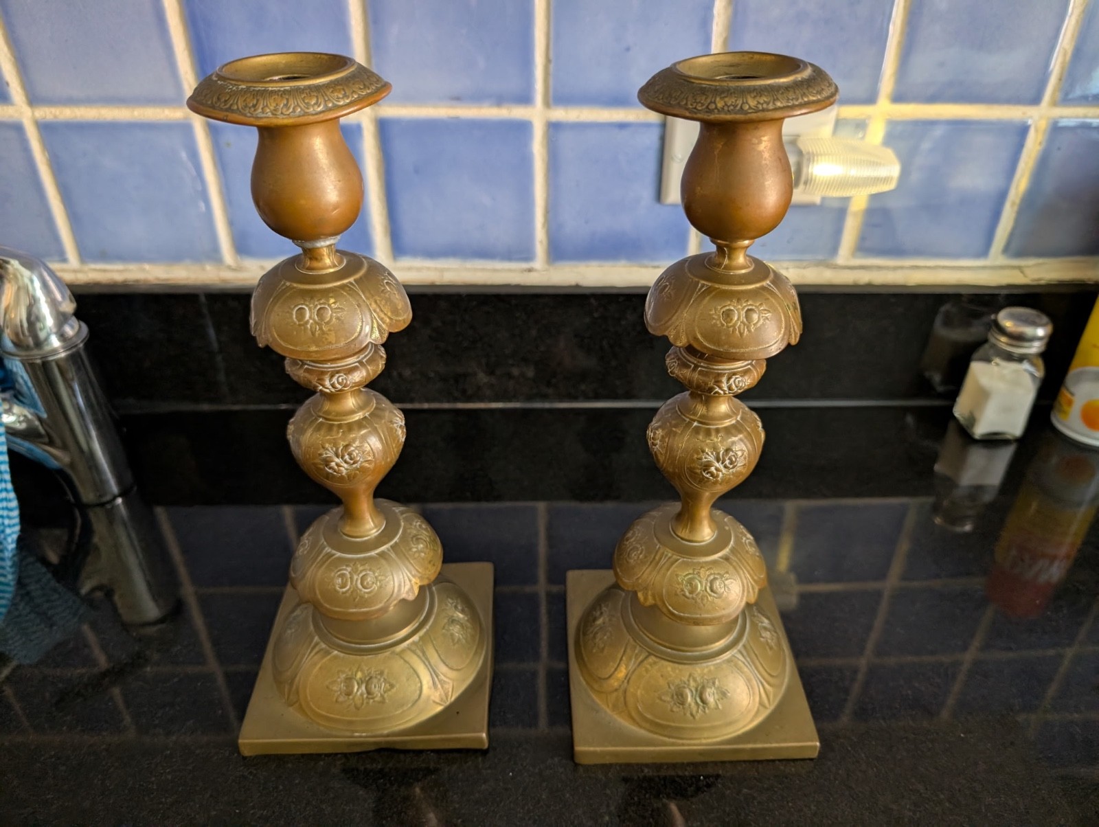 Brass antique Shabbat candlesticks, Norblin & Co, Warzawa, Poland, 1890