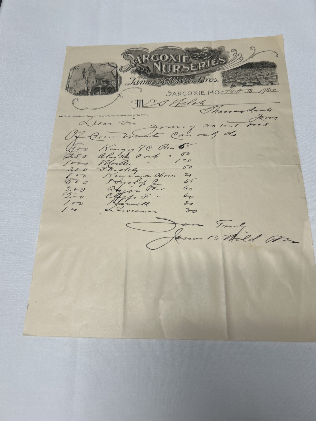 Antique 1900 Letterhead / Billhead Sarcoxie Nurseries Missouri