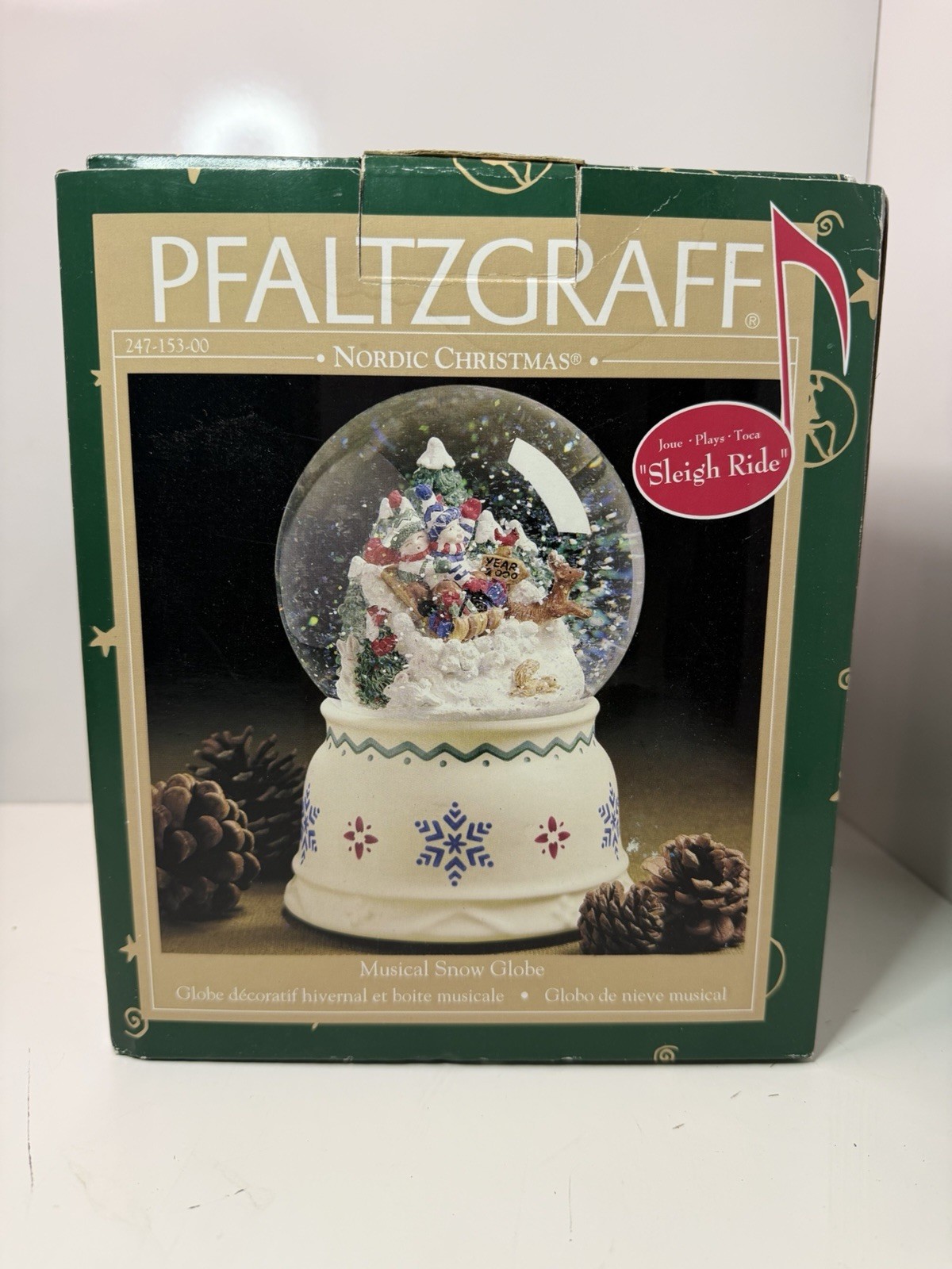Pfaltzgraff Nordic Christmas Musical Snow Globe Sleigh Ride Year 2000