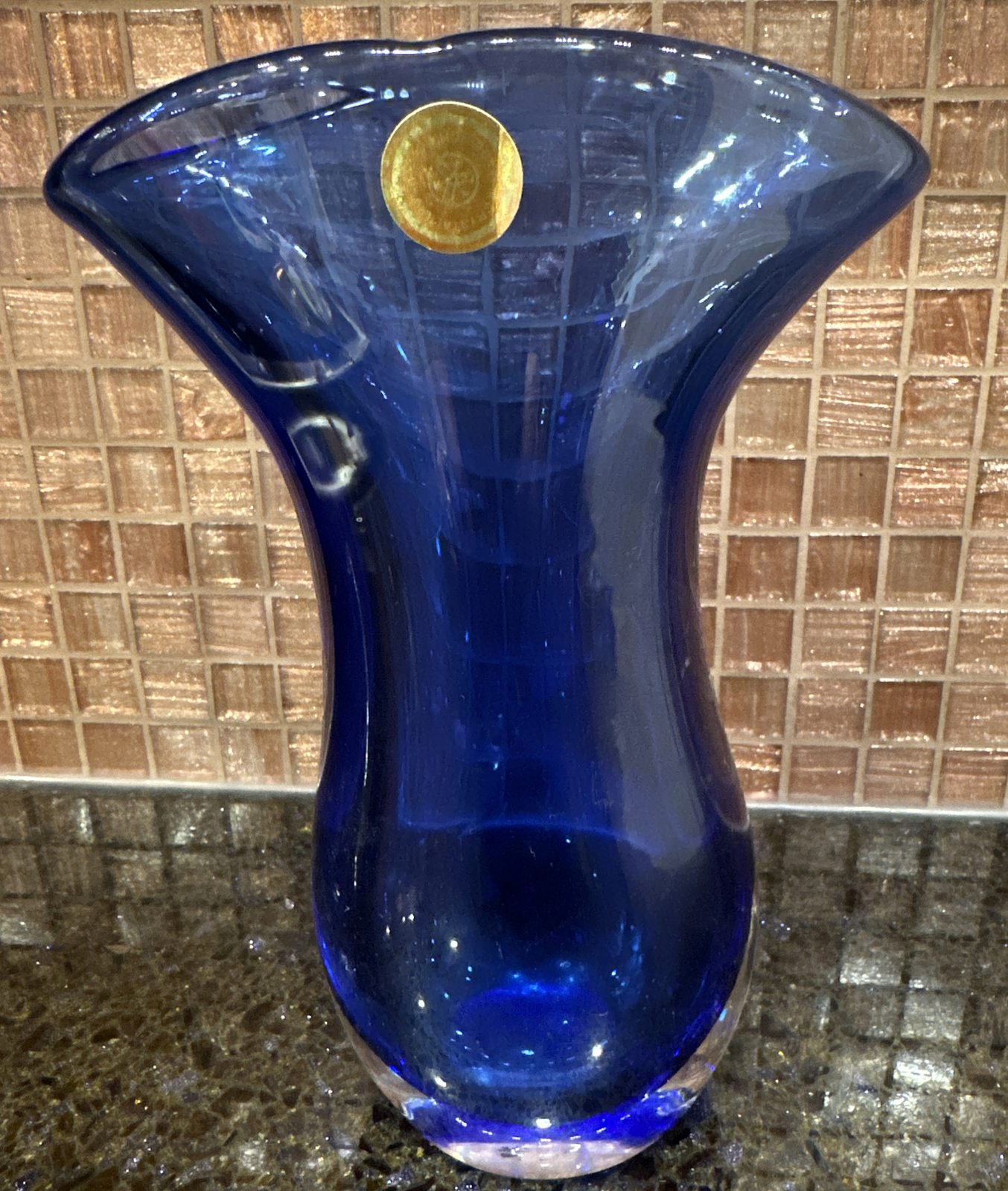 VTG Hand Blown Cobalt Blue Crystal Vase Clear Controlled Bubble Base 7 1/2”Label