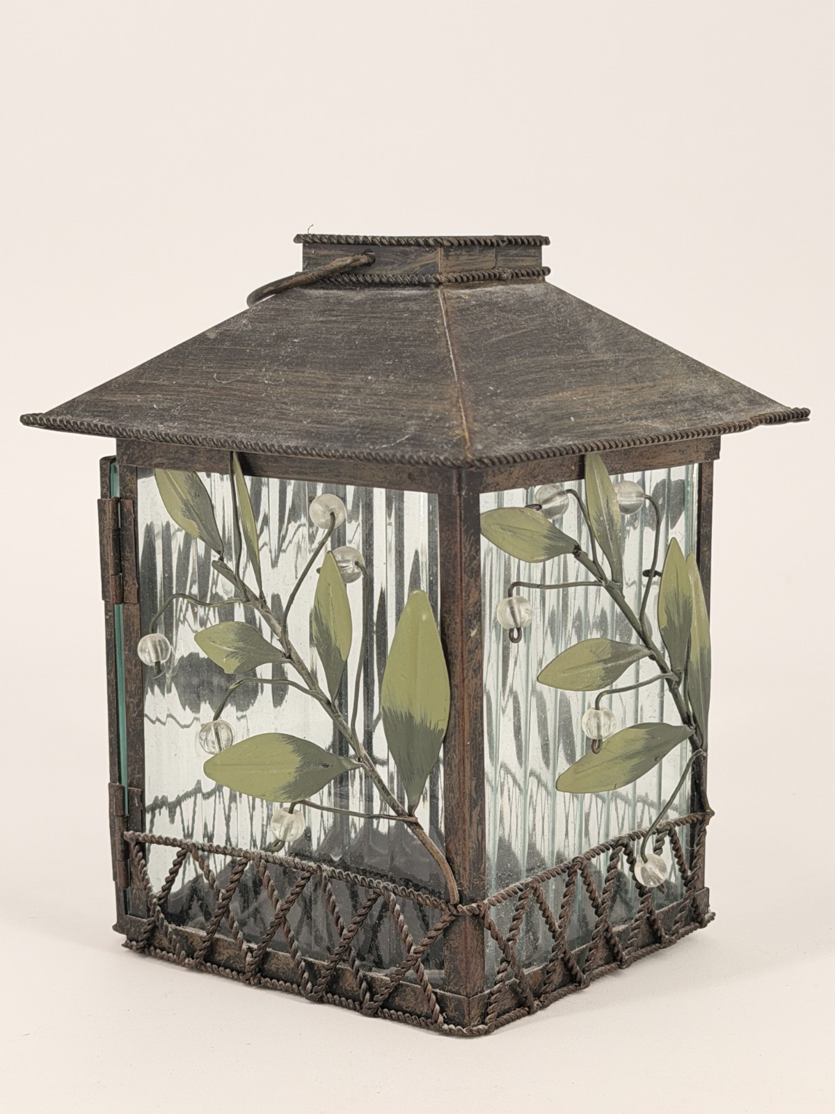Vintage PartyLite Candle Lantern Glass Leaf Berry Pagoda Metal Votive Holder 7\