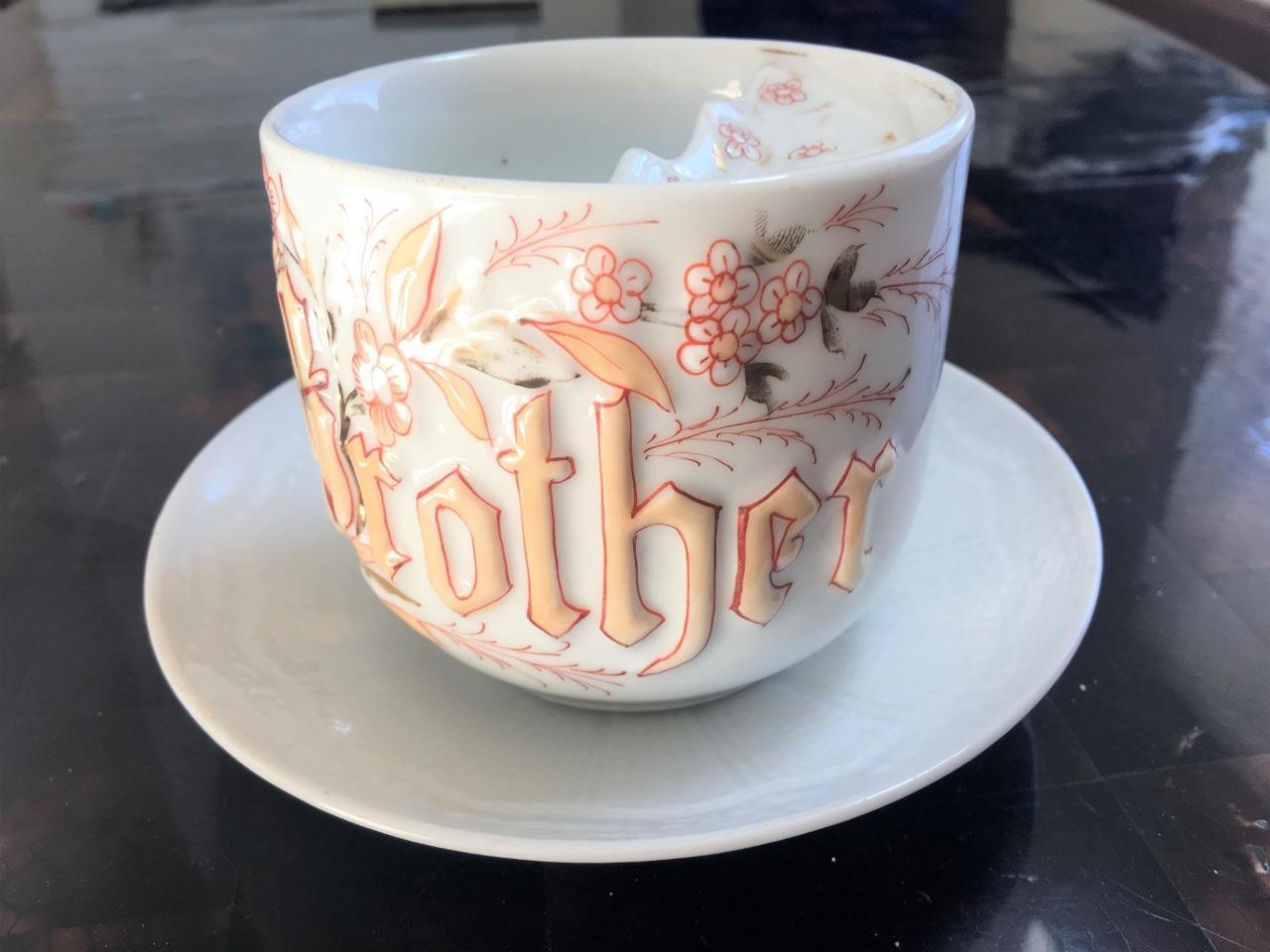 Antique Mustache Cup BROTHER Embossed Raised Letters Hand Paint Porcelain Set