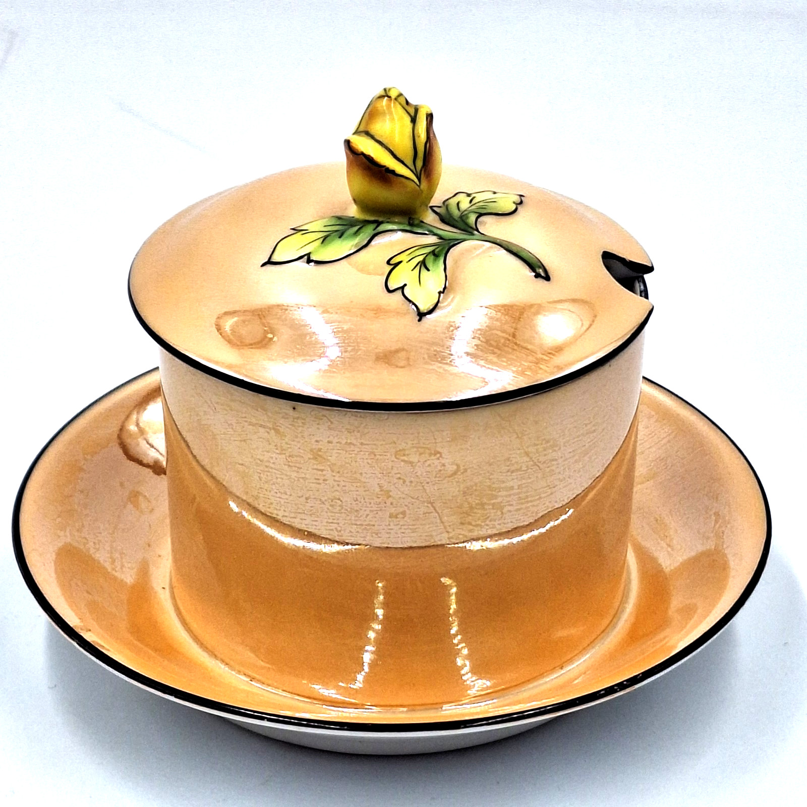 Noritake Peach Lustre Yellow Rose Condiment Dish with Lid Handpainted