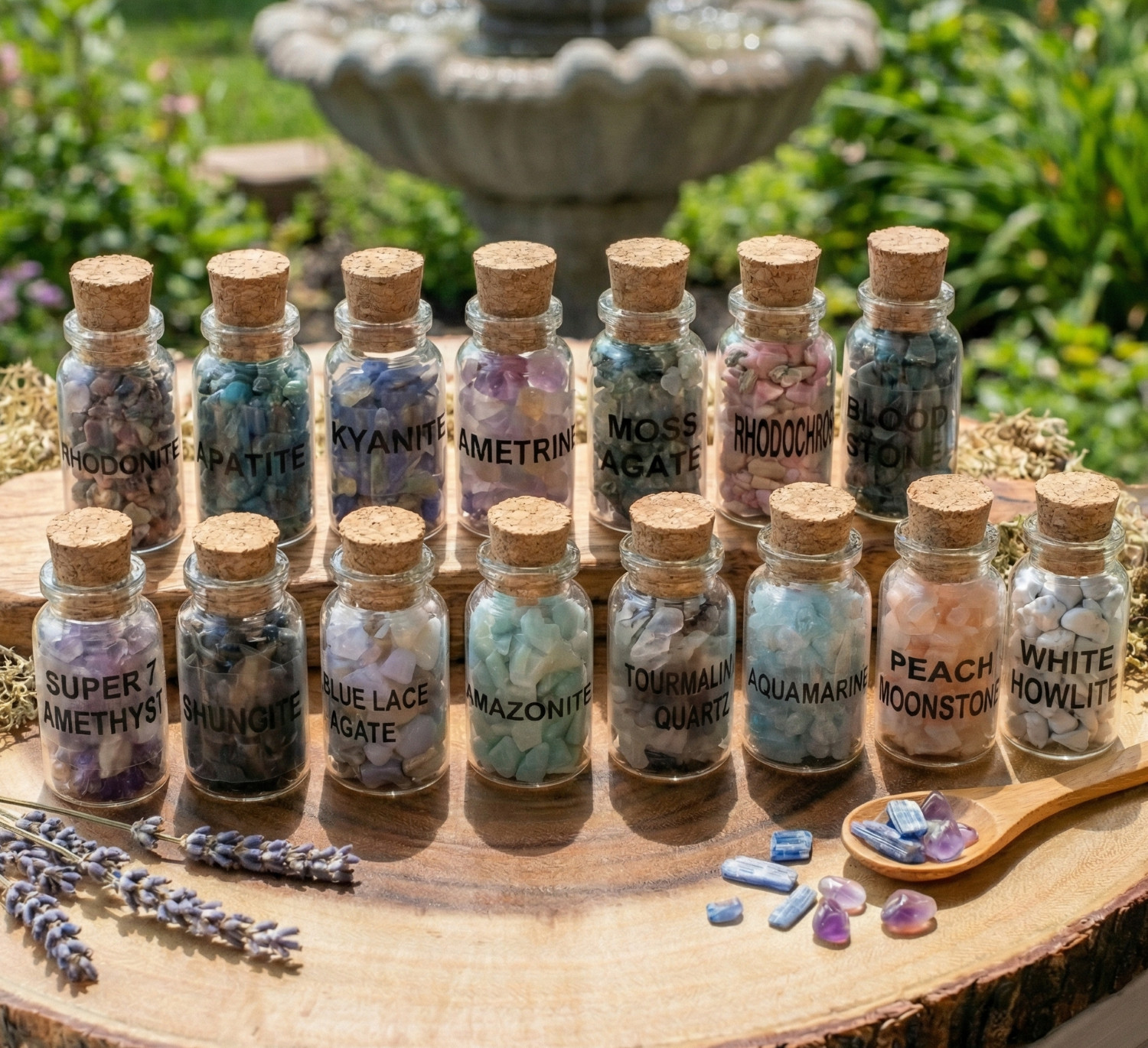 15pc Natural Gemstone Collection - Labeled Crystal Bottles - Rock Gift Set