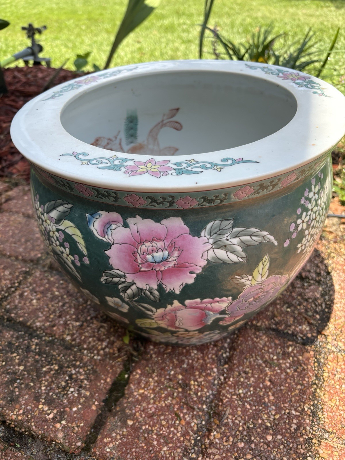 Vintage Chinese Hand Painted Flower Pot 12inch. Koi Pond Hummingbird Floral Pat Vintage Chinese Hand Painted Flower Pot 12inch. Koi Pond Hummingbird Floral Pat