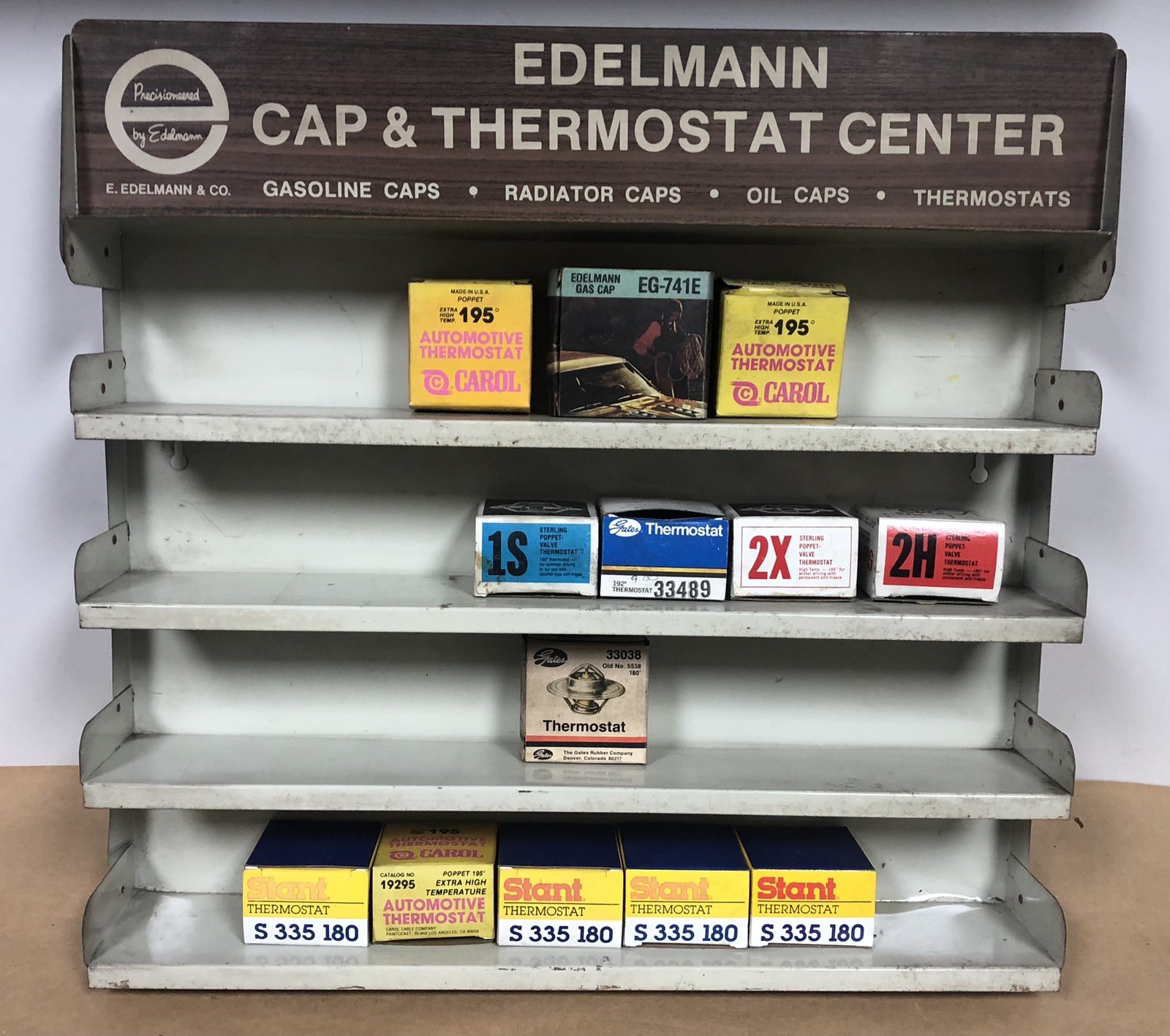 Vintage Edelmann Cap & Thermostat Display Metal Rack Advertising w/ Contents