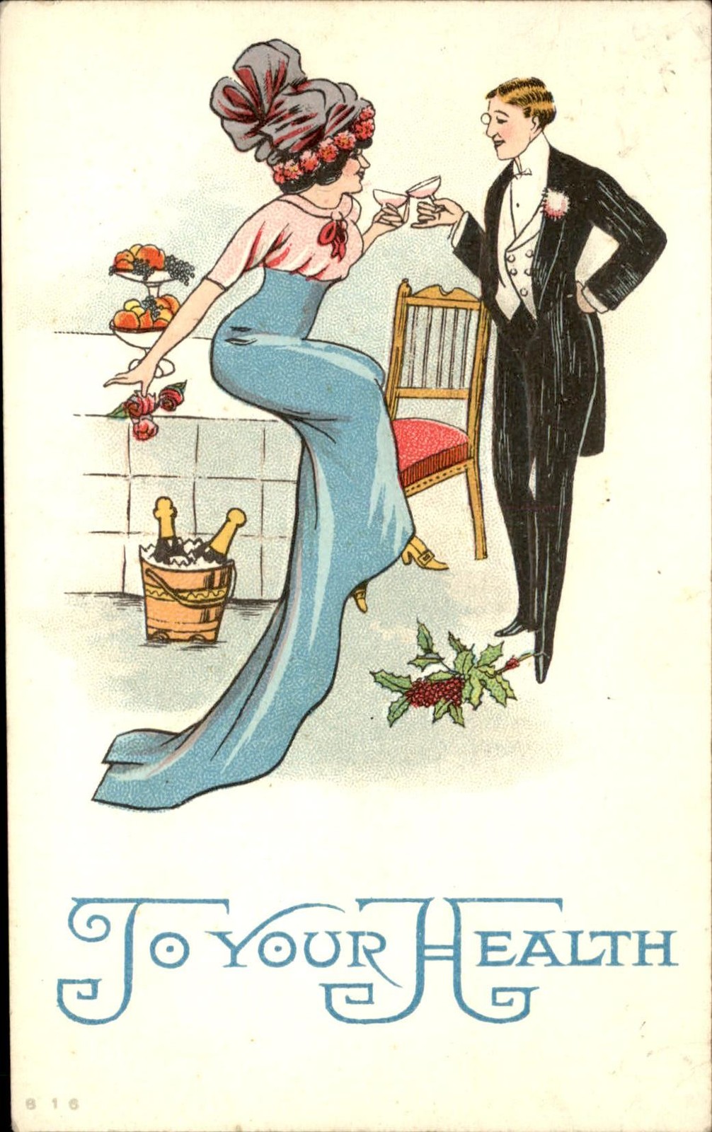 To Your Health toast Romance Couple c1900s-10s Vintage Postcard