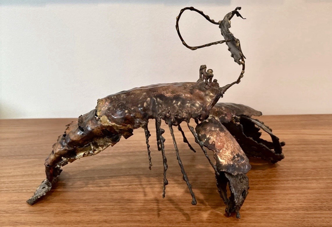 MCM John Evan’s ‘68 Brutalist Torch Metal Lobster Table Sculpture 15l x 7w x 9h