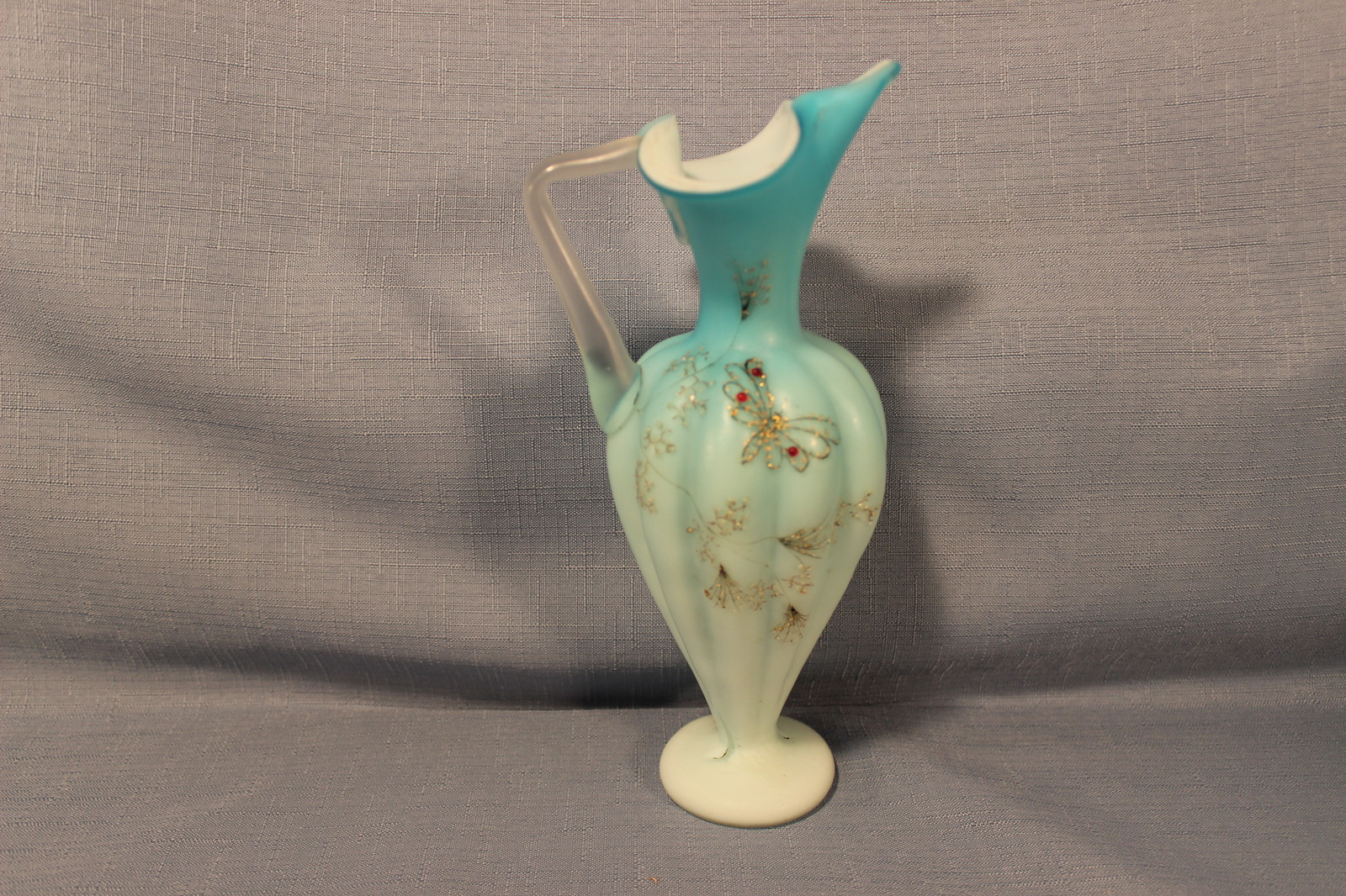 Antique Blown Cased Satin Glass Pitcher Vase Ewer w/ Butterfly & Raised Bubbles