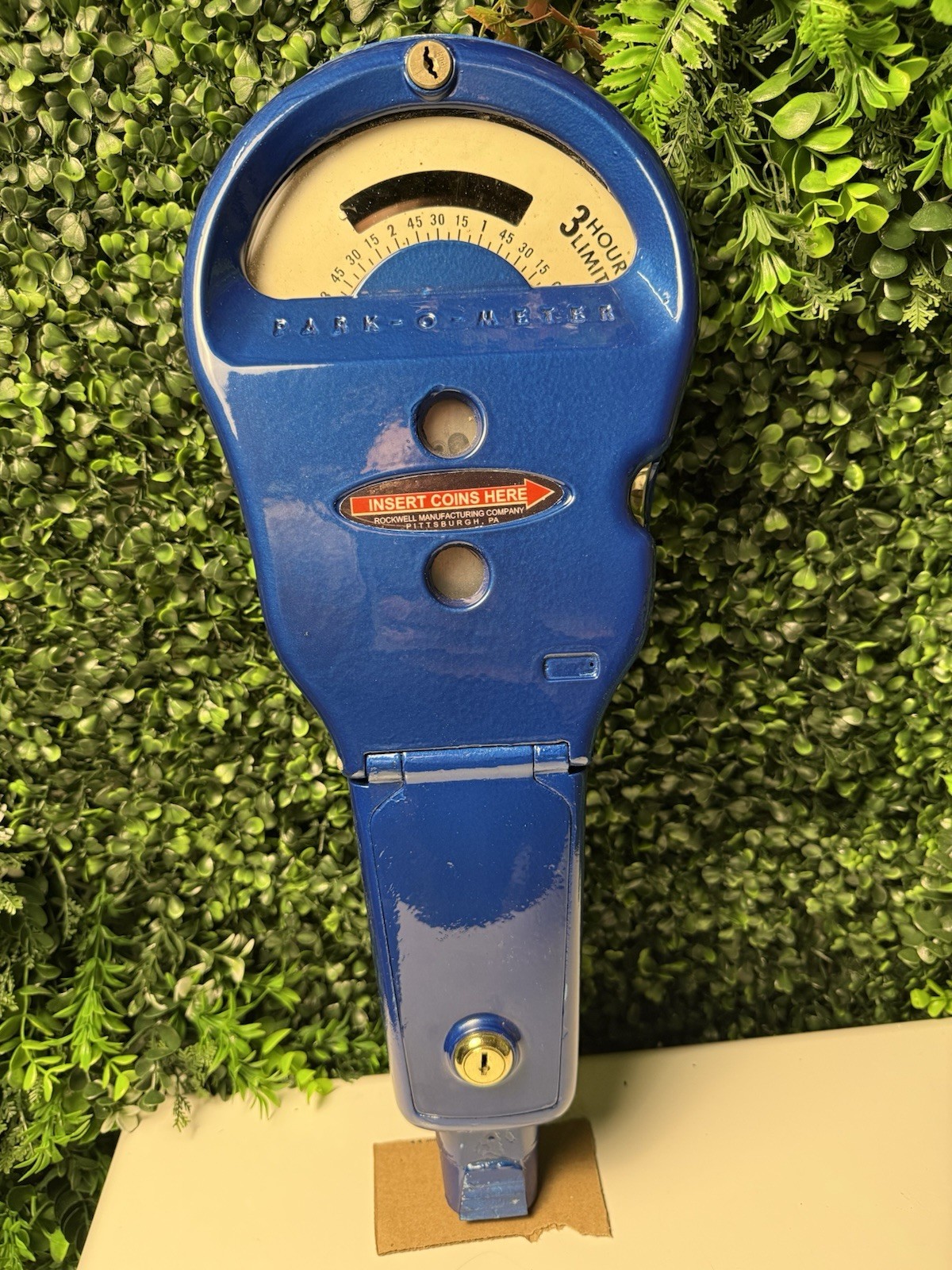 Vintage Rockwell Parking Meter 3 Hour Limit Coin Operated Blue w/ Keys