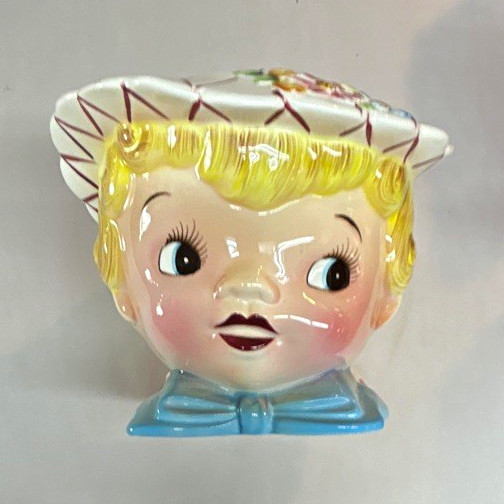 Relpo Ceramic Girl Head Planter Glazed Hand Painted White Hat Blue Bow 1960s