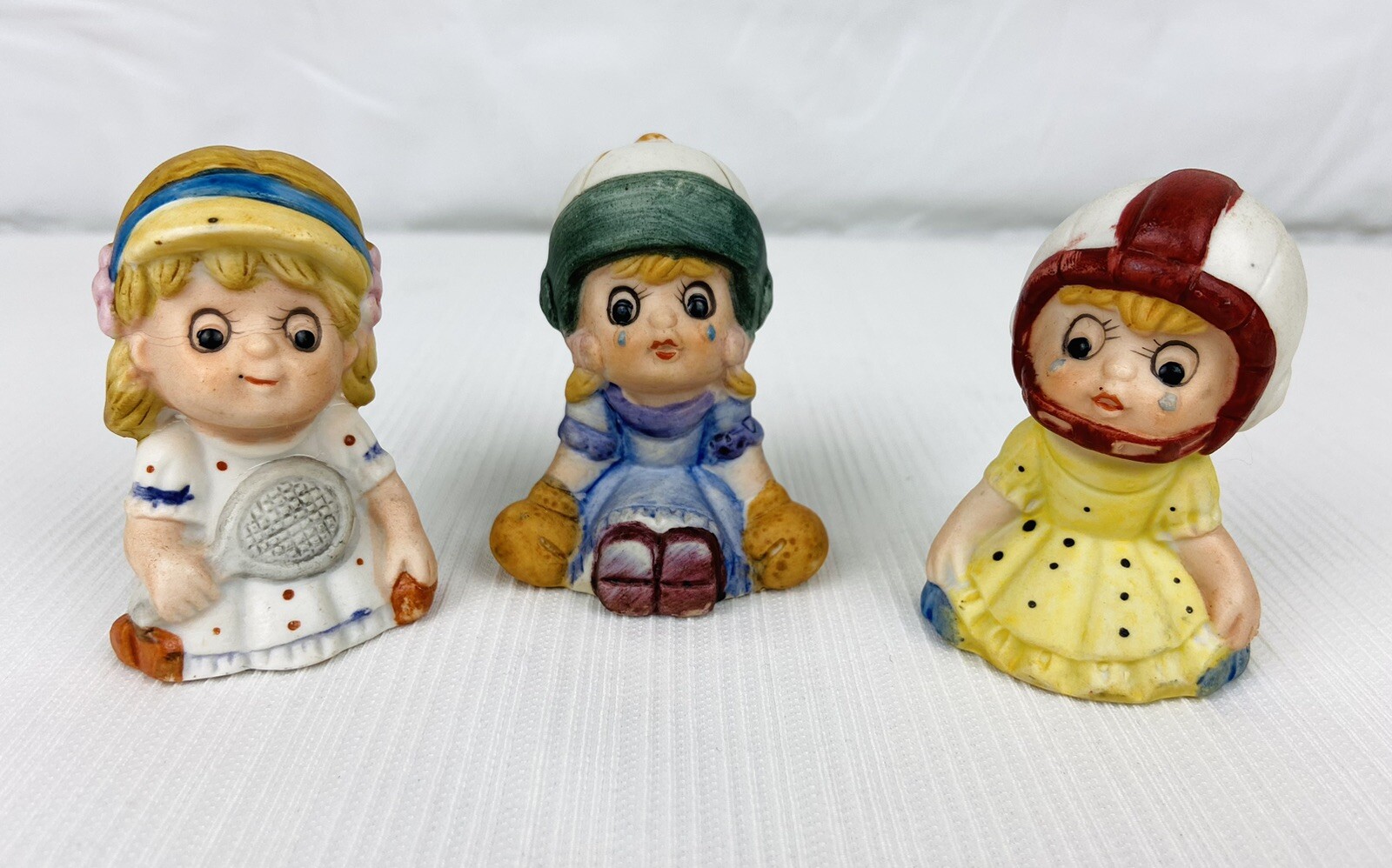 Vintage 3pc Bisque Figurines Little Girls Playing Sports Football Tennis Boxing