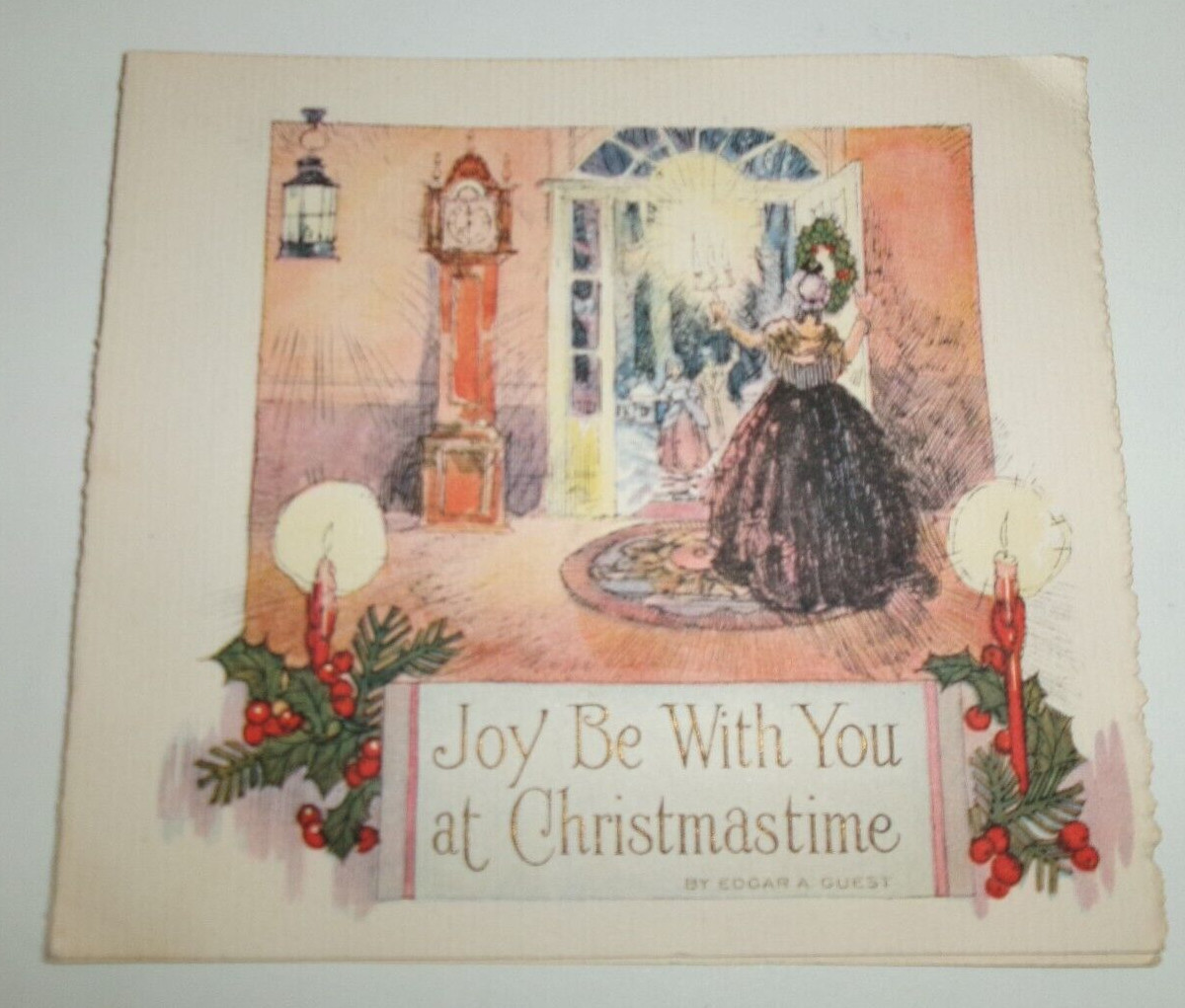 Vtg. Christmas Card Home Interior Hostess Greets Guests at Door BUZZA 1930\'s