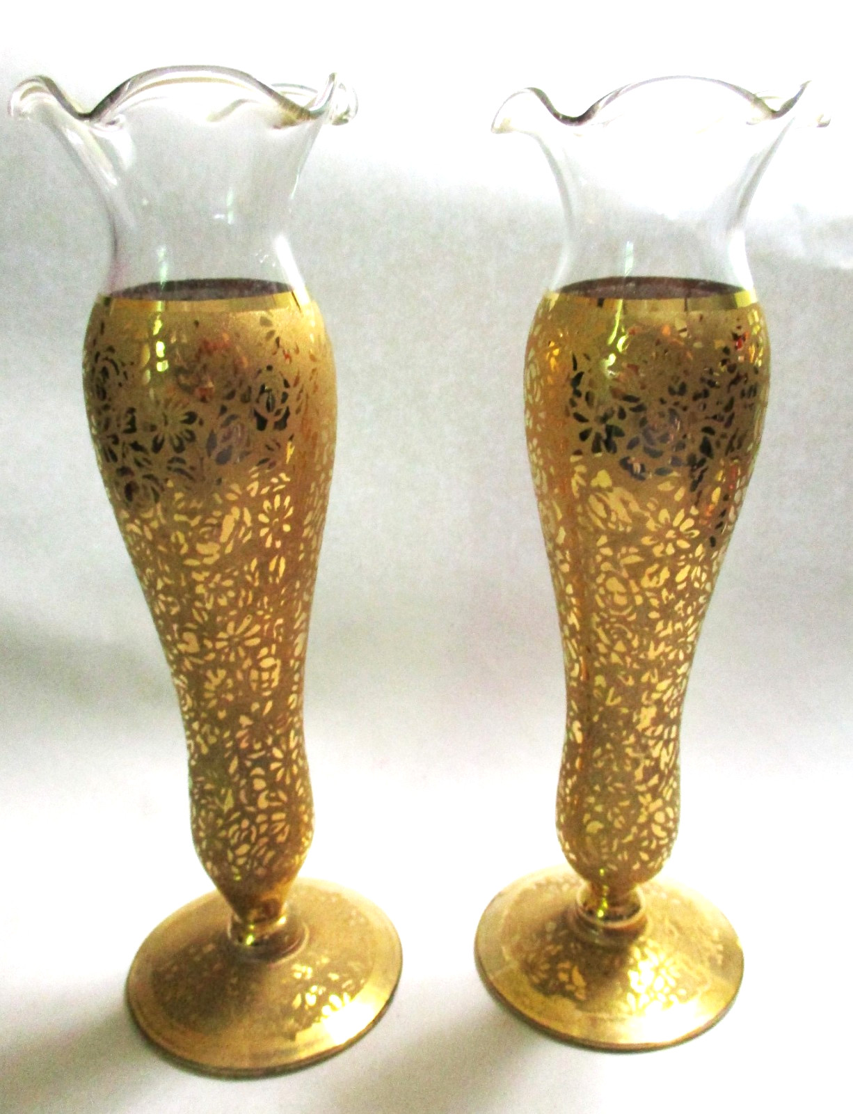 2 VINTAGE GLASTONBURY LOTUS GLASS BUD VASES 22 KT GOLD TRIM DAISY FIELDS 6.5