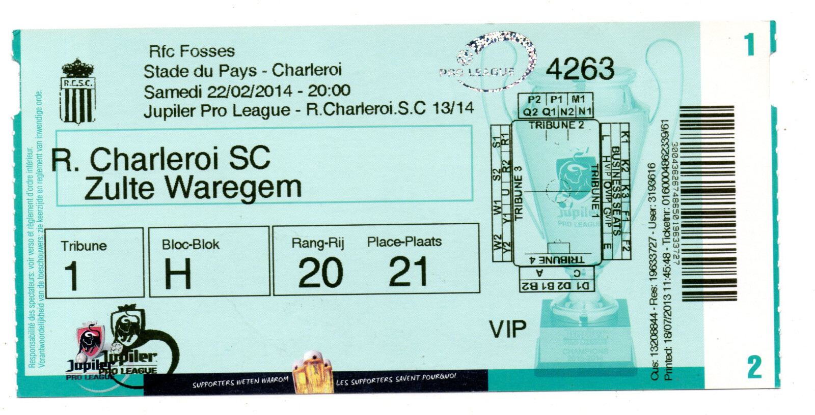 Ticket BEL SC Charleroi - SV Zulte Waregem 22.02.2014