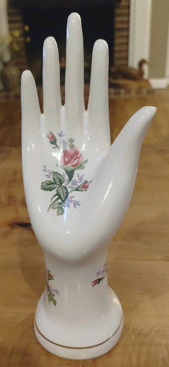 Vtg Porcelain Lady's Hand Figurine Floral Rose Chic Vanity Jewelry Ring Holder
